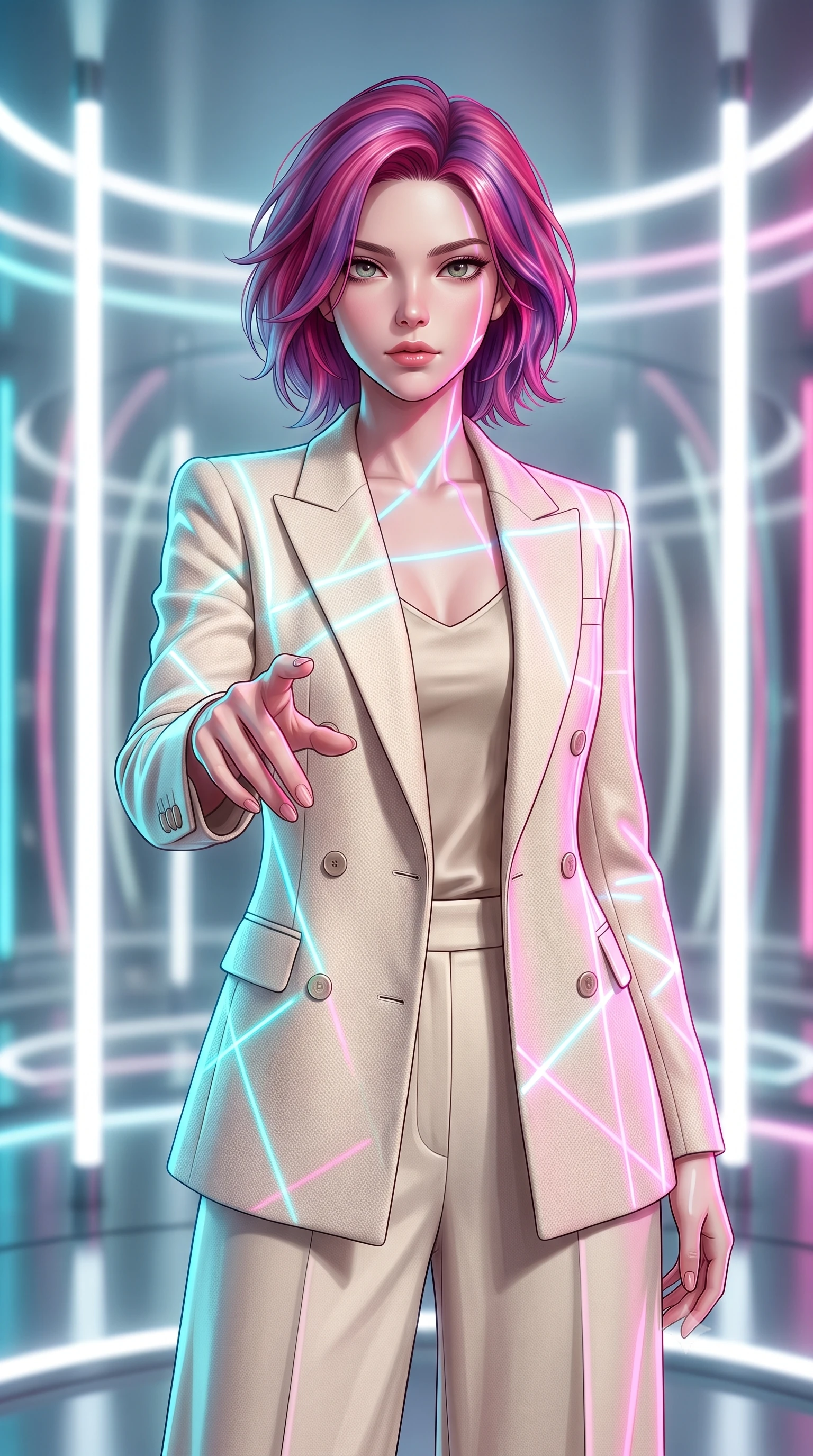score_9, masterpiece, best quality, ultra-detailed, high-budget anime keyframe, editorial fashion photography, tasteful artistic composition, Caucasian woman woman. close-up cowboy shot from the waist and thighs up, the character dominates the composition, filling the frame with her large presence, background elements kept in soft focus. She has an exceptionally elegant, slender, and willowy female figure with an ultra-slim waist, a gracefully sculpted slender torso, and a refined silhouette. reaching one hand toward the viewer with relaxed elegance, her gaze holding quiet authority, flawlessly proportioned anatomical accuracy, natural body alignment, perfectly sculpted elegant limbs, clean dynamic posture without body distortion. set against a soft-focus background of a reflective mirror chamber with rotating LED light pillars. wearing a tailored cream wool blazer over an oatmeal silk camisole and wide-leg trousers. illuminated by shifting cyan and hot pink neon laser gridlines casting specular highlights. highly saturated vibrant anime colors, detailed shading with soft gradients, rich glossy textures, high-contrast stereoscopic depth, volumetric dynamic lighting, master piece, 9:16 ratio