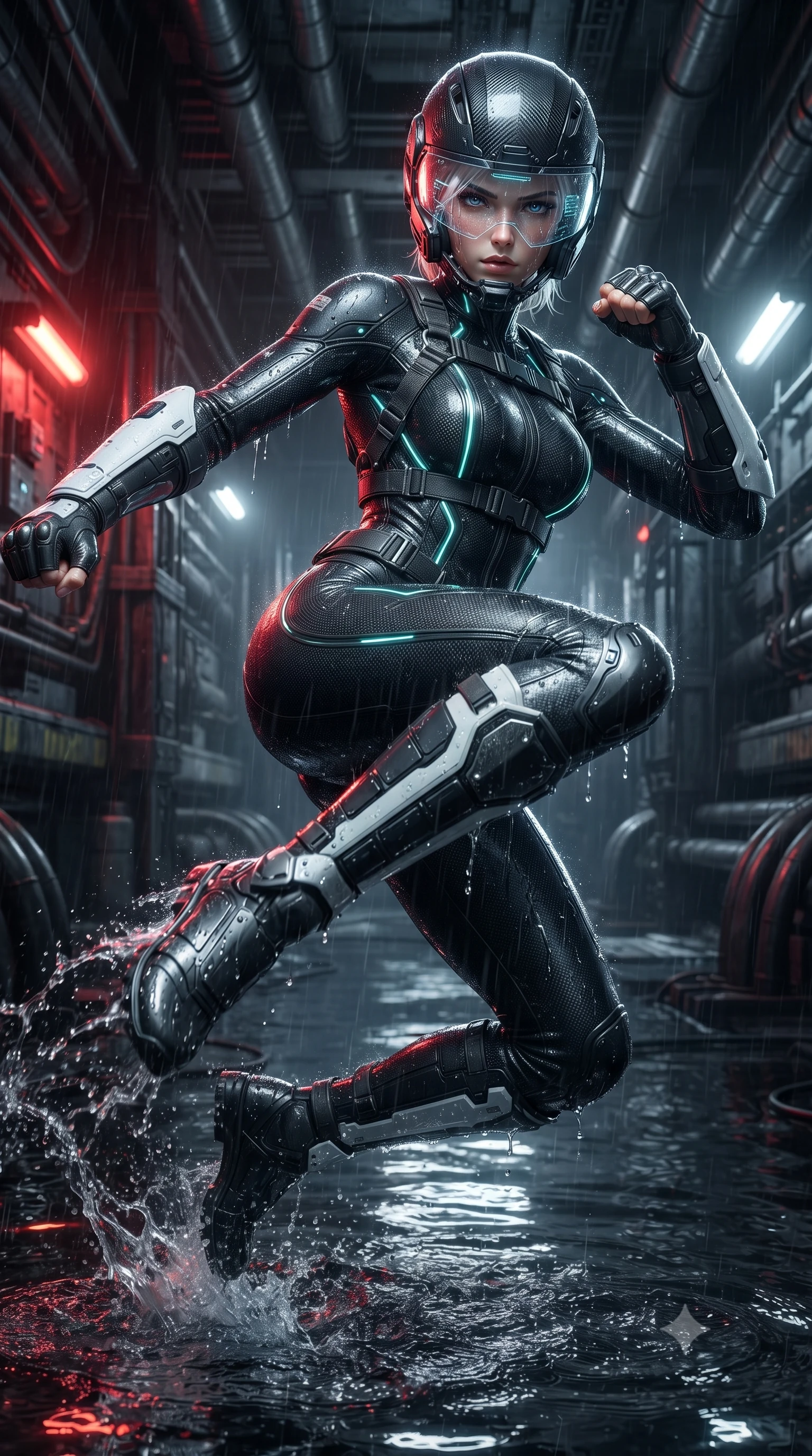 score_9, masterpiece, best quality, ultra-detailed, high-budget anime keyframe, editorial fashion photography, tasteful artistic composition, Caucasian woman. close-up cowboy shot from the waist and thighs up, the character dominates the composition, filling the frame with her large presence. tilting her head slightly with solemn warrior composure, sweat and rain glistening on her sculpted collarbones and high-bridge nose while executing a soaring 180-degree spinning hook kick above black industrial floodwaters with reinforced kinetic shin guards spraying water arcs. The surrounding environment is rendered in vivid detail and crisp panoramic clarity. deep subterranean chiaroscuro and raw industrial conduit engineering rendered with precision. She has an exceptionally elegant, slender, and willowy female figure with an ultra-slim waist, a gracefully sculpted slender torso, toned flat midriff, and a refined slim silhouette. sharp v-shaped jawline, high-bridge nose, intricate jewel-like eyes with depth, thick eyelashes, glossy lips with a natural sheen, fierce and resolute heroine expression, flawlessly proportioned anatomical accuracy, strict slender model proportions, natural body alignment, perfectly sculpted long slender limbs, ultra-slim waistline, clean dynamic posture without body distortion. wearing an open-face aerodynamic carbon-fiber combat helmet with a retracted transparent holographic HUD visor framing her sharp jawline and jewel-like eyes, paired with a skin-tight dark carbon-weave combat bodysuit with glowing neon energy conduits and reinforced Damascus-pattern forearm strike guards in monochrome white enamel carbon with high-contrast black tactical panels, made of lightweight aerodynamic carbon-titanium alloy with precision-beveled armor seams, reinforced by a heavy-duty titanium tactical harness and glowing micro-energy status straps, the liquid-tight tailored fabric emphasizing every curve of her tall, slender model proportions and sculptured silhouette during dynamic movement. illuminated by wet reflective highlights tracing her sculpted collarbones, waistline, and long slender legs. ultra-reflective glossy finish, specular highlights, dark metallic sheen, high-contrast stereoscopic depth, volumetric dynamic lighting, 2k, ultra detail, master piece, 9:16 ratio