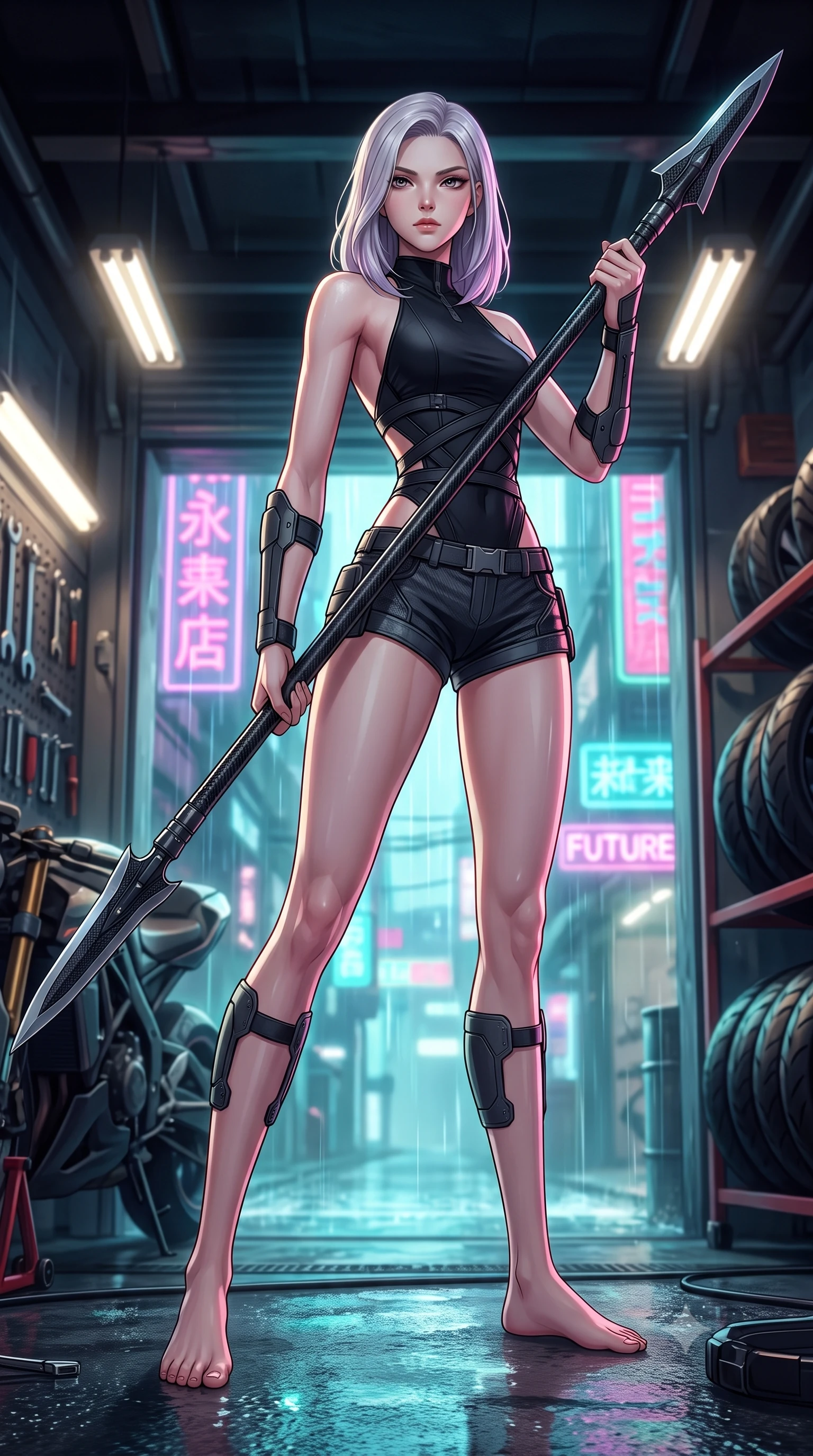 score_9, masterpiece, best quality, ultra-detailed, high-budget anime keyframe, editorial fashion photography, tasteful artistic composition, Caucasian woman. low angle full-body shot from head to toe showing her feet, filling the entire 9:16 vertical frame with her statuesque presence, stretching her vertical silhouette. standing in a dynamic combat stance with a carbon-fiber spear held diagonally, stretching her statuesque body, the background shows a soft-focus a high-tech motorcycle garage open to a rain-drenched cyberpunk street. She has an absolutely perfect, statuesque 8.5-heads proportion, an exceptionally tall and slender model-like female figure with impossibly long slender legs and an ultra-slim waist. sharp v-shaped jawline, high-bridge nose, intricate jewel-like eyes with depth, thick eyelashes, glossy lips with a natural sheen. wearing a tailored backless halter-neck combat top with criss-cross strapping, paired with carbon-alloy micro-shorts. bright halogen work lights casting sharp, detailed front illumination with deep shadows. highly saturated vibrant anime colors, detailed shading with soft gradients, rich glossy textures, high-contrast stereoscopic depth, volumetric dynamic lighting, master piece, 9:16 ratio