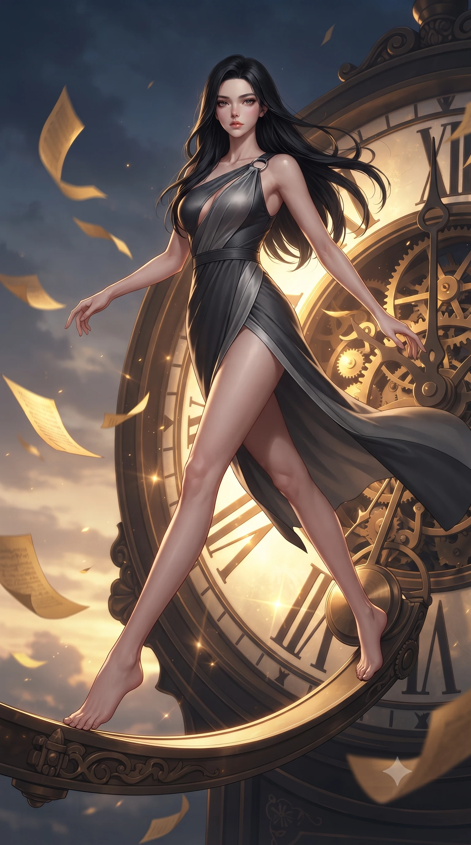 score_9, masterpiece, best quality, ultra-detailed, high-budget anime keyframe, editorial fashion photography, tasteful artistic composition, Korean woman. low angle full-body shot from head to toe showing her feet, filling the entire 9:16 vertical frame with her statuesque presence, stretching her vertical silhouette. leaping gracefully through mid-air with statuesque elegance, her impossibly long slender legs stretched in perfect balance while stepping along a curved clockwork pendulum arm under a dramatic twilight sky, golden paper manuscript pages fluttering around her in a dynamic tempest breeze. She has an absolutely perfect, statuesque 8.5-heads proportion, an exceptionally tall and slender model-like female figure with impossibly long slender legs and an ultra-slim waist. sharp v-shaped jawline, high-bridge nose, intricate jewel-like eyes with depth, thick eyelashes, glossy lips with a natural sheen, flawlessly proportioned anatomical accuracy, natural body alignment, perfectly sculpted elegant limbs, clean dynamic posture without body distortion. wearing an asymmetrical Grecian draped chiffon gown with a metallic shoulder ring in charcoal grey and platinum, made of fine carbon-fiber weave and soft matte leather, accented with a Tasteful chest slit framing her clavicle gracefully, the tailored fabric tightly following every curve of her athletic build. illuminated by a brilliant golden hour glow filtering through clockwork dials. ultra-reflective glossy finish, specular highlights, metallic sheen, high-contrast stereoscopic depth, volumetric dynamic lighting, 2k, ultra detail, master piece, 9:16 ratio