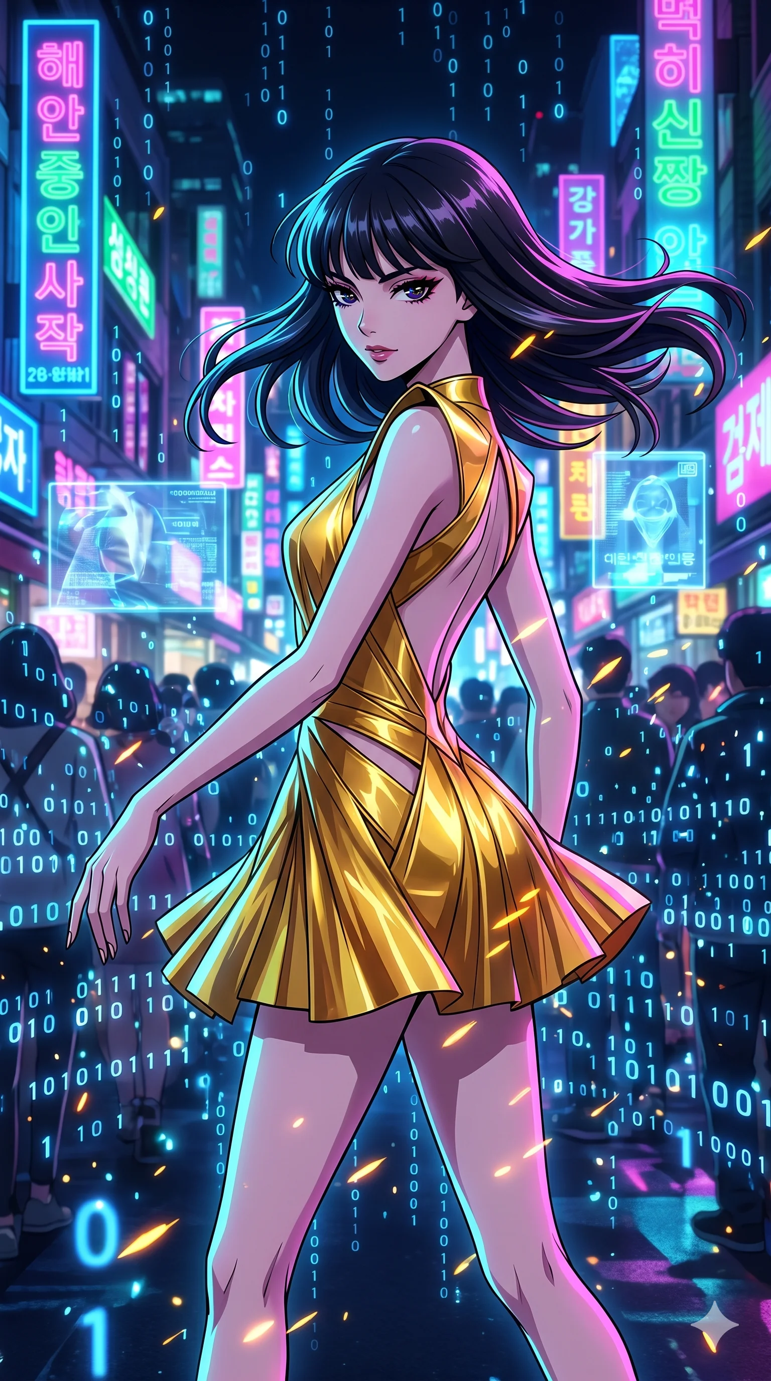 score_9, masterpiece, best quality, ultra-detailed, Set A: High-budget Anime Keyframe, Japanese woman. Upper body close-up from the thighs up, character filling the screen for maximum presence. Dancing through a neon-lit Neo-Seoul market, while a digital blizzard of 209 bits obscures the horizon and surrounded by glowing energy sparks. She has an absolutely perfect 8-heads proportion, an exceptionally tall and slender female figure with impossibly long slender legs and an ultra-slim waist. Sharp v-shaped jawline, high-bridge nose, intricate jewel-like eyes with depth, thick eyelashes, glossy lips with a natural sheen. Wearing Liquid gold mini-dress with a sharp architectural silhouette and open back. Cinematic lighting, vibrant colors, dramatic shadows, 2k, ultra detail, master piece, 9:16 ratio