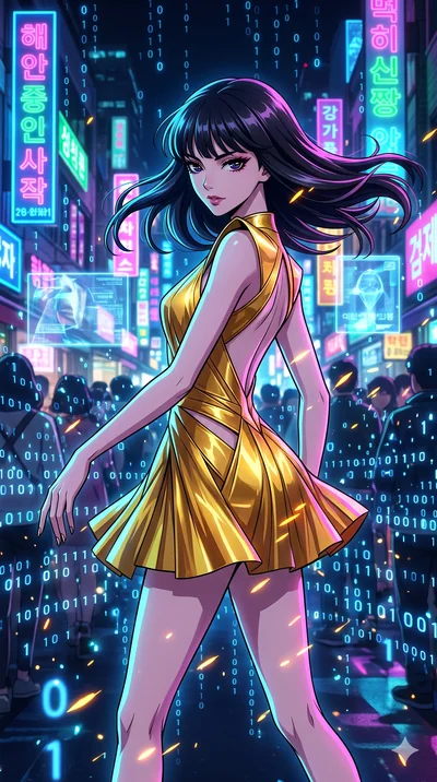 score_9, masterpiece, best quality, ultra-detailed, Set A: High-budget Anime Keyframe, Japanese woman. Upper body close-up from the thighs up, character filling the screen for maximum presence. Dancing through a neon-lit Neo-Seoul market, while a dig