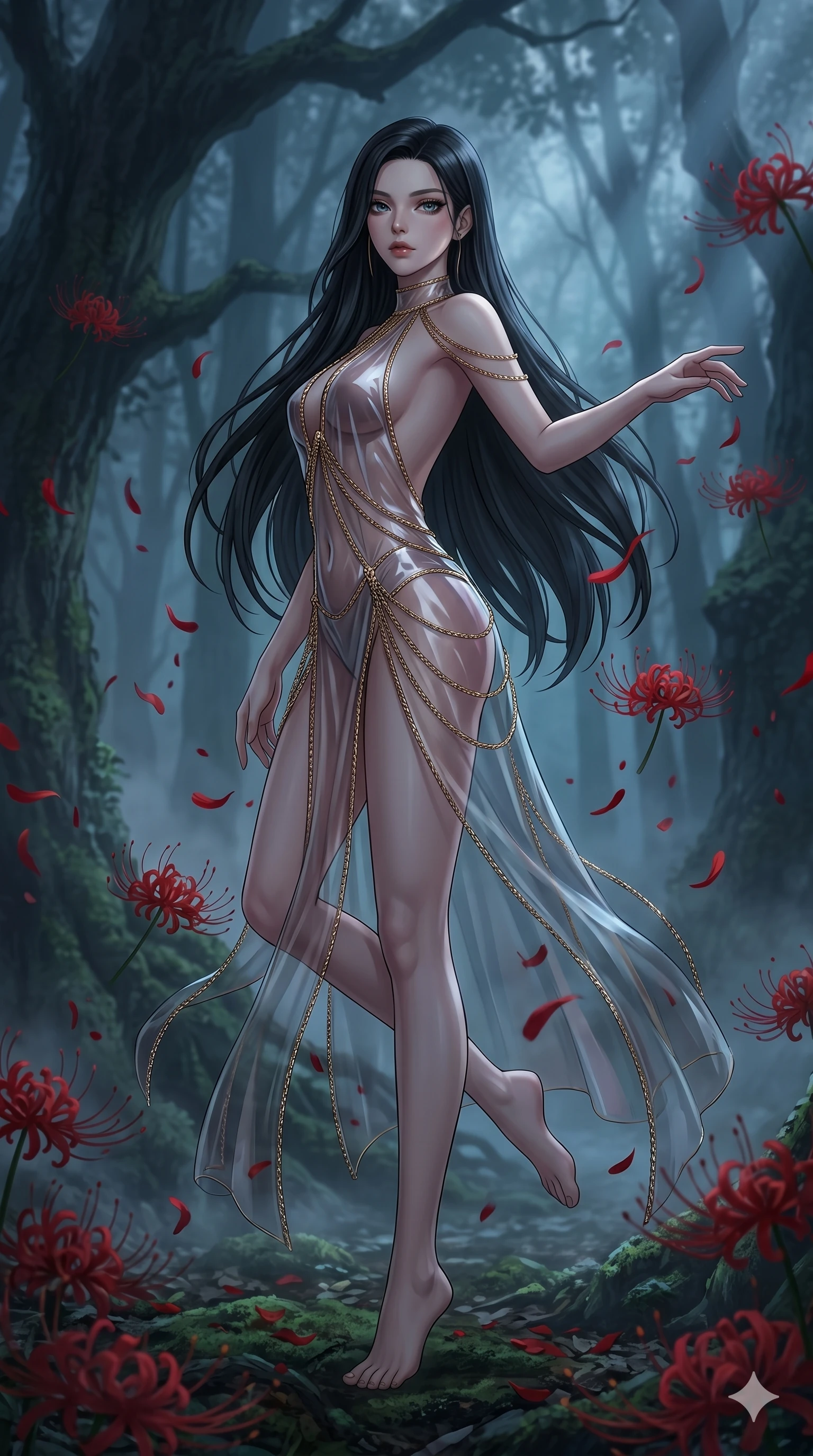 score_9, masterpiece, best quality, ultra-detailed, High-budget Anime Keyframe, East Asian woman. Low angle cowboy shot filling the entire 9:16 frame with her statuesque presence. Scenario 115: Dancing amidst falling red spider lilies in a misty dark forest. Her presence is magnetic and overpowering in this high-budget anime scene. Outfit 115: A translucent PVC designed with a graceful open-back couture and fine gold chains. The clothing is designed to emphasize her exceptionally tall and slender 8-heads proportion. 8-heads proportion, towering silhouette, ultra-slim waist. sharp v-shaped jawline, intricate jewel-like eyes with depth, thick eyelashes, glossy lips. 2k, ultra detail, master piece, 9:16 ratio