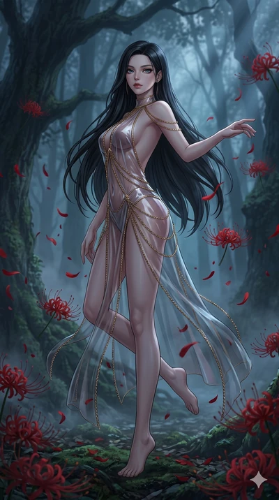 score_9, masterpiece, best quality, ultra-detailed, High-budget Anime Keyframe, East Asian woman. Low angle cowboy shot filling the entire 9:16 frame with her statuesque presence. Scenario 115: Dancing amidst falling red spider lilies in a misty dark
