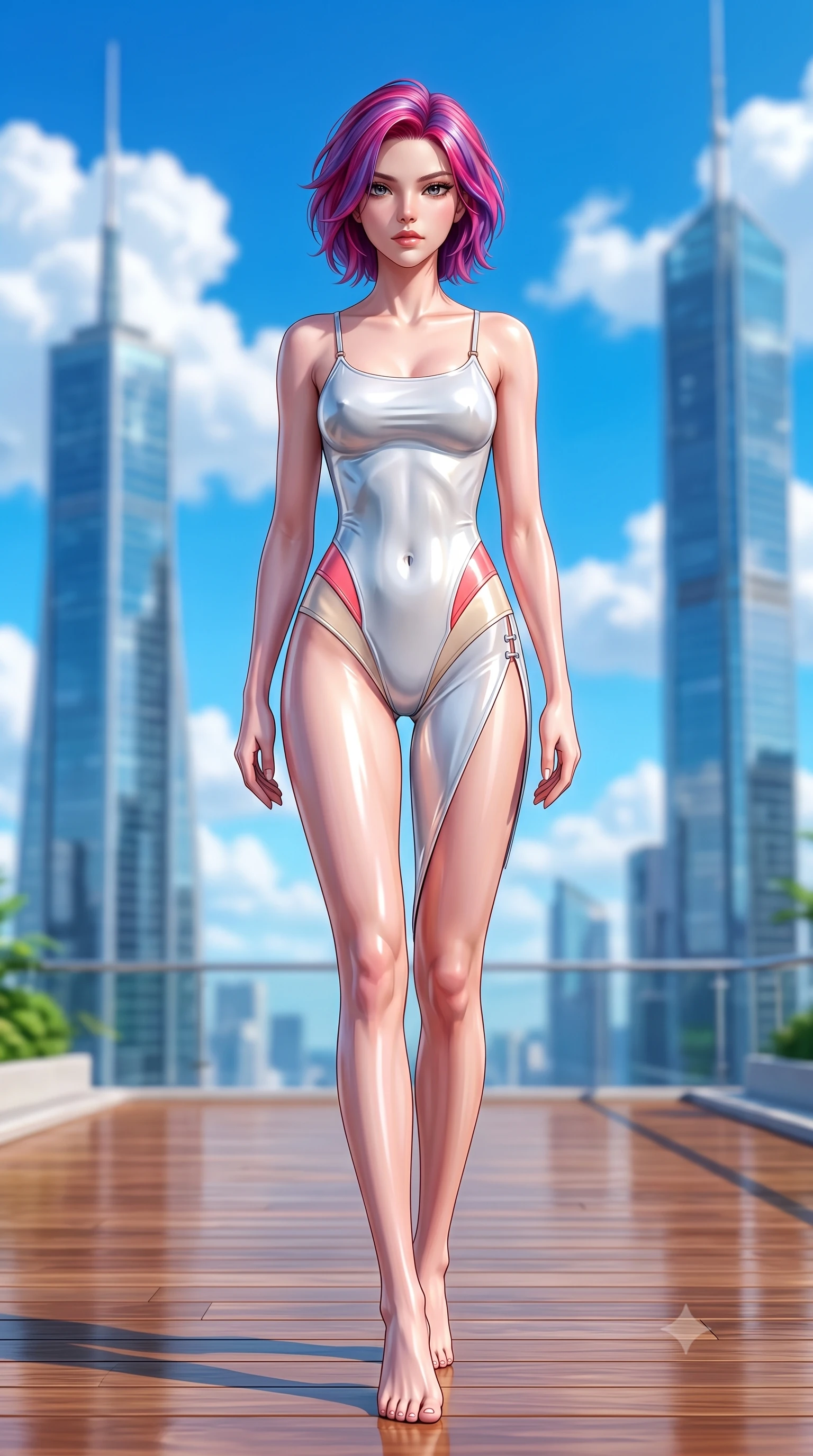 score_9, masterpiece, best quality, ultra-detailed, high-budget anime keyframe, semi-realistic 3D game render, editorial fashion photography, tasteful artistic composition, Caucasian woman. low angle full-body shot from head to toe showing her feet, filling the entire 9:16 vertical frame with her statuesque presence, stretching her vertical silhouette. striding forward in a proud, statuesque motion with a dangerous smolder, her vertical silhouette dominating the frame from head to toe while stretching forward with an alluring S-curve silhouette on a polished wooden sky-deck in full daylight. The composition keeps background elements in soft focus with creamy bokeh. towering glass skyscraper spires and white fluffy cumulus clouds blurred into vivid sky-blue bokeh. She has an absolutely perfect, statuesque 8.5-heads proportion, an exceptionally tall and slender model-like female figure with impossibly long slender legs, a toned flat midriff, and an ultra-slim waist. sharp v-shaped jawline, high-bridge nose, intricate jewel-like eyes with depth, thick eyelashes, glossy lips with a natural sheen, flawlessly proportioned anatomical accuracy, strict slender model proportions, natural body alignment, perfectly sculpted long slender limbs, ultra-slim waistline, clean dynamic posture without body distortion. wearing a second-skin white liquid-mercury micro-bodysuit sculpted tightly to her slender build, featuring razor-thin metallic straps and hip cutouts in radiant coral pink and champagne ivory, formed from high-gloss patent material with specular light reflections, finished with an ultra-high side slit secured by miniature magnetic clasps, the glove-like aerodynamic second-skin fit tightly clinging to her ultra-slender waist and athletic curves without adding bulk, accentuating her razor-sharp statuesque lines and slim hourglass silhouette. surrounded by an exhilarating, elevated, and radiantly sensual rooftop garden aura. highly saturated vibrant anime colors, detailed shading with soft gradients, rich glossy textures, high-contrast stereoscopic depth, volumetric dynamic lighting, master piece, 9:16 ratio