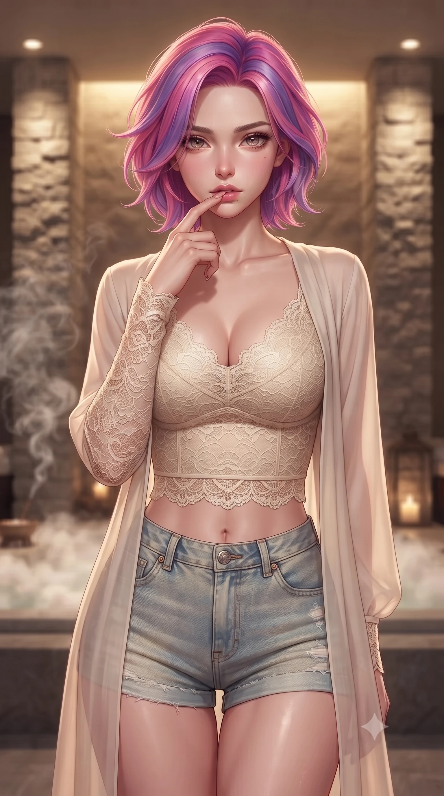 score_9, masterpiece, best quality, ultra-detailed, high-budget anime keyframe, editorial fashion photography, tasteful artistic composition, Caucasian woman. close-up cowboy shot from the waist and thighs up, the character dominates the composition, filling the frame with her large presence, background elements kept in soft focus. pressing one finger to her bottom lip in a thoughtful, seductive gesture under the warm sun the background shows a soft-focus a high-end spa suite room with stone pillars and soft floral incense smoke. She has an exceptionally elegant, slender, and willowy female figure with an ultra-slim waist, a gracefully sculpted slender torso, and a refined silhouette. sharp v-shaped jawline, high-bridge nose, intricate jewel-like eyes with depth, thick eyelashes, glossy lips with a natural sheen. wearing a tailored delicate lace crop top in cream, worn under a semi-opaque chiffon cardigan and denim shorts. low-contrast, soft warm ambient uplight casting a peaceful glow. highly saturated vibrant anime colors, detailed shading with soft gradients, rich glossy textures, high-contrast stereoscopic depth, volumetric dynamic lighting, master piece, 9:16 ratio