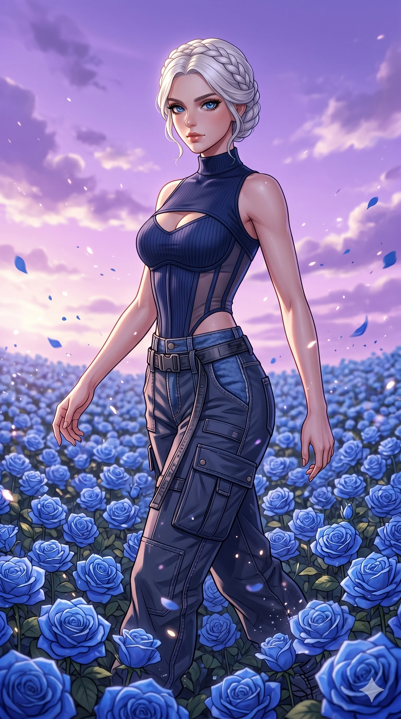 score_9, masterpiece, best quality, ultra-detailed, High-budget Anime Keyframe, beautiful Japanese anime girl. Upper body close-up from the thighs up, character filling the screen for maximum presence. Walking through a field of blue roses under a lavender sky. She has an absolutely perfect 8-heads proportion, an exceptionally tall and slender female figure with impossibly long slender legs and an ultra-slim waist. Sharp v-shaped jawline, high-bridge nose, intricate jewel-like eyes with depth, thick eyelashes, glossy lips with a natural sheen. Wearing a Urban Trendsetter outfit: midnight blue ribbed bodycon dress, crop top with high-waist denim, sheer corset with cargo pants. Background is a bright and colorful environment with cinematic lighting, dynamic particle effects, and high-contrast shadows. 2k, ultra detail, master piece, 9:16 ratio
