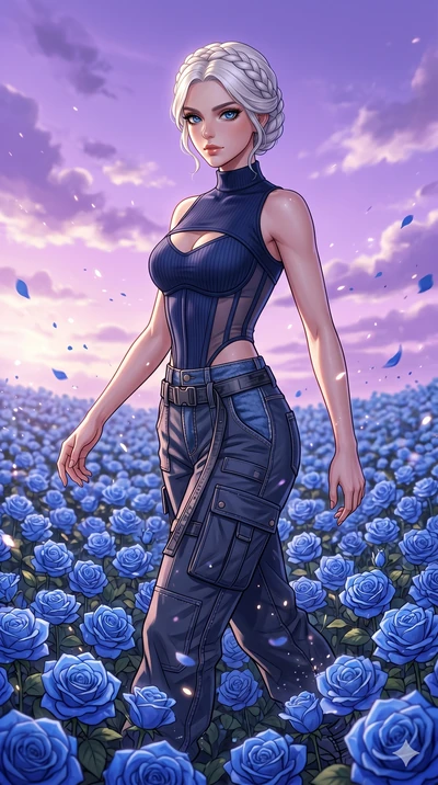 score_9, masterpiece, best quality, ultra-detailed, High-budget Anime Keyframe, beautiful Japanese anime girl. Upper body close-up from the thighs up, character filling the screen for maximum presence. Walking through a field of blue roses under a la
