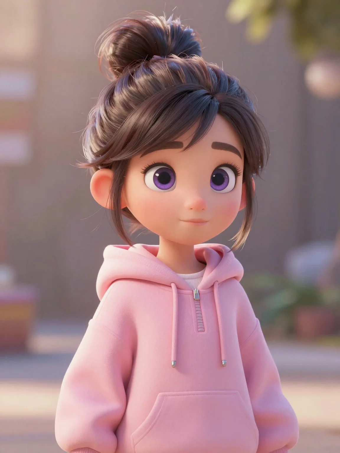 (masterpiece:1.2), best quality, highres, (3D character:1.2), cute girl, large expressive violet eyes, messy bun with loose strands, oversized pastel pink hoodie, (soft Pixar-style rendering:1.2), warm morning sun rays, subsurface scattering, bokeh, 2k, ultra detail, 3:4 ratio