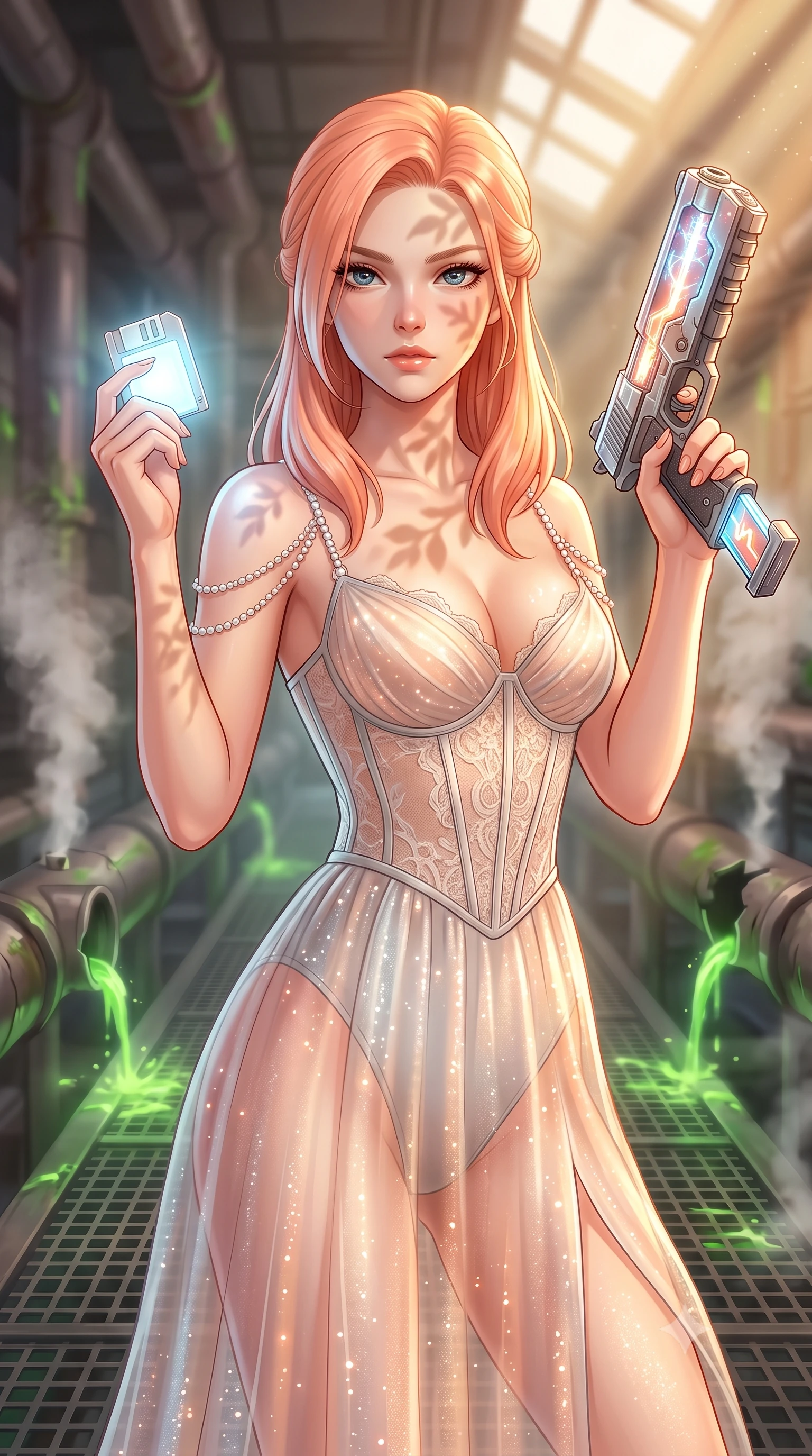 score_9, masterpiece, best quality, ultra-detailed, high-budget anime keyframe, editorial fashion photography, tasteful artistic composition, Japanese woman. close-up cowboy shot from the waist and thighs up, the character dominates the composition, filling the frame with her large presence, background elements kept in soft focus. Holding a glowing data drive aloft while reloading a futuristic plasma pistol, ready for the next wave. set against a soft-focus background of a factory corridor with broken pipes leaking glowing green acid onto a grid metal catwalk, steam rising in columns. She has an exceptionally elegant and slender, willowy female figure with an ultra-slim waist, a gracefully sculpted slender torso, and a refined slim physique. sharp v-shaped jawline, high-bridge nose, intricate jewel-like eyes with depth, thick eyelashes, glossy lips with a natural sheen. wearing catching and diffusing the glowing particles, shimmering softly in response to the surrounding light, a slim-fit translucent gossamer gown in pale peach and silver, with pearl-chain straps and a structured lace corset bodice. highly saturated vibrant anime colors, intense vivid color palette, soft 3D volumetric shading, volumetric dynamic lighting, warm golden afternoon sunbeams casting soft organic leaf shadows across her skin. 2k, ultra detail, master piece, 9:16 ratio