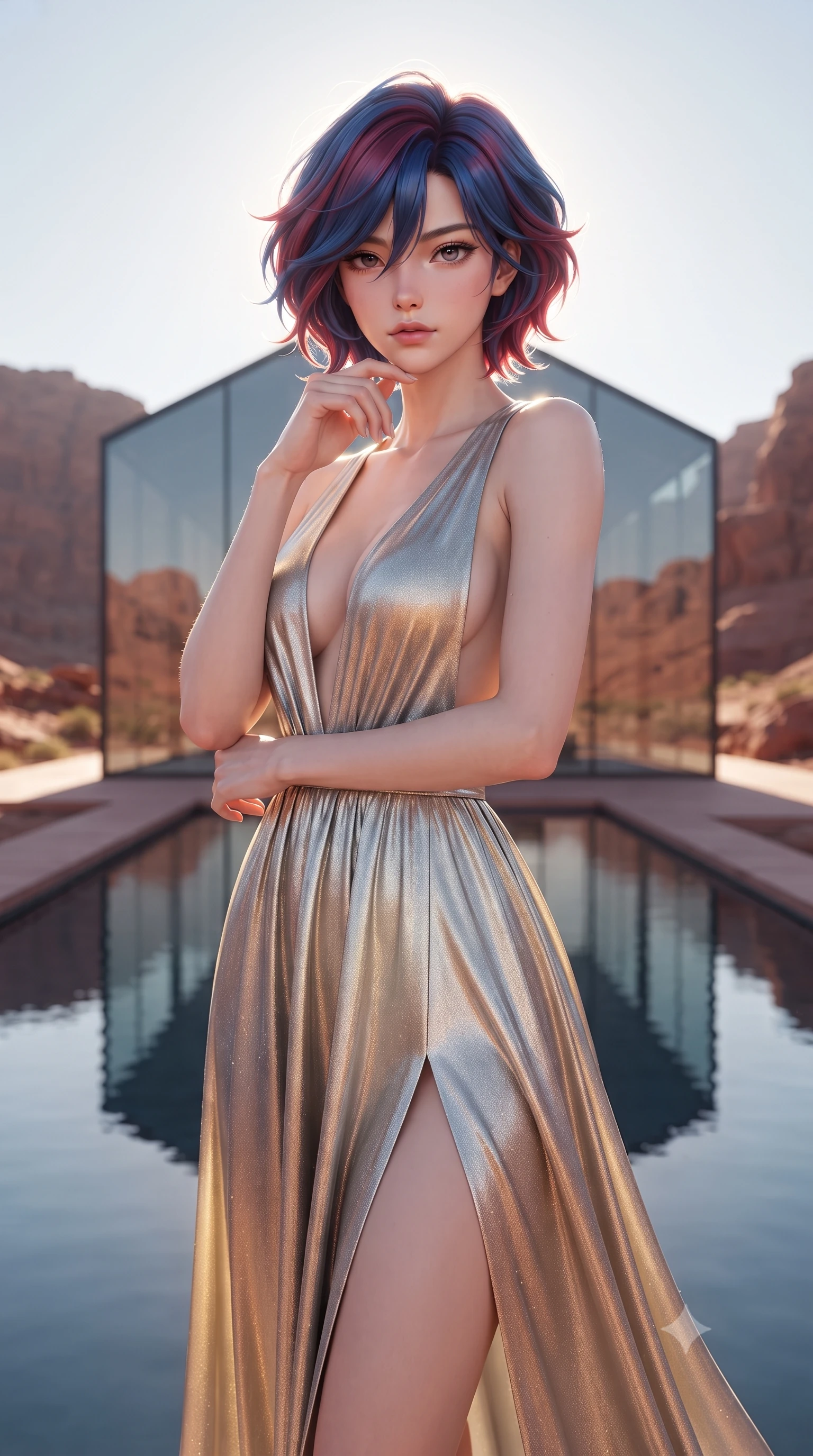 score_9, masterpiece, best quality, ultra-detailed, high-budget anime keyframe, editorial fashion photography, tasteful artistic composition, Korean woman. close-up cowboy shot from the waist and thighs up, the character dominates the composition, filling the frame with her large presence, background elements kept in soft focus. Resting her chin on the backs of her fingers in a confident pose. set against a soft-focus background of a minimalist glass house with sharp geometric angles set in a red rock desert landscape with an infinity reflecting pool that mirrors the cloudless sky and clean architectural lines cutting against natural rock formations. She has an exceptionally elegant and slender, willowy female figure with an ultra-slim waist, a gracefully sculpted slender torso, and a refined slim physique. sharp v-shaped jawline, high-bridge nose, intricate jewel-like eyes with depth, thick eyelashes, glossy lips with a natural sheen. wearing a deep plunging-V neck maxi dress in a liquid silver and gold gradient, featuring a bold open-back and a daring high slit. dramatic backlight creating a radiant halo effect around her entire silhouette. 2k, ultra detail, master piece, 9:16 ratio