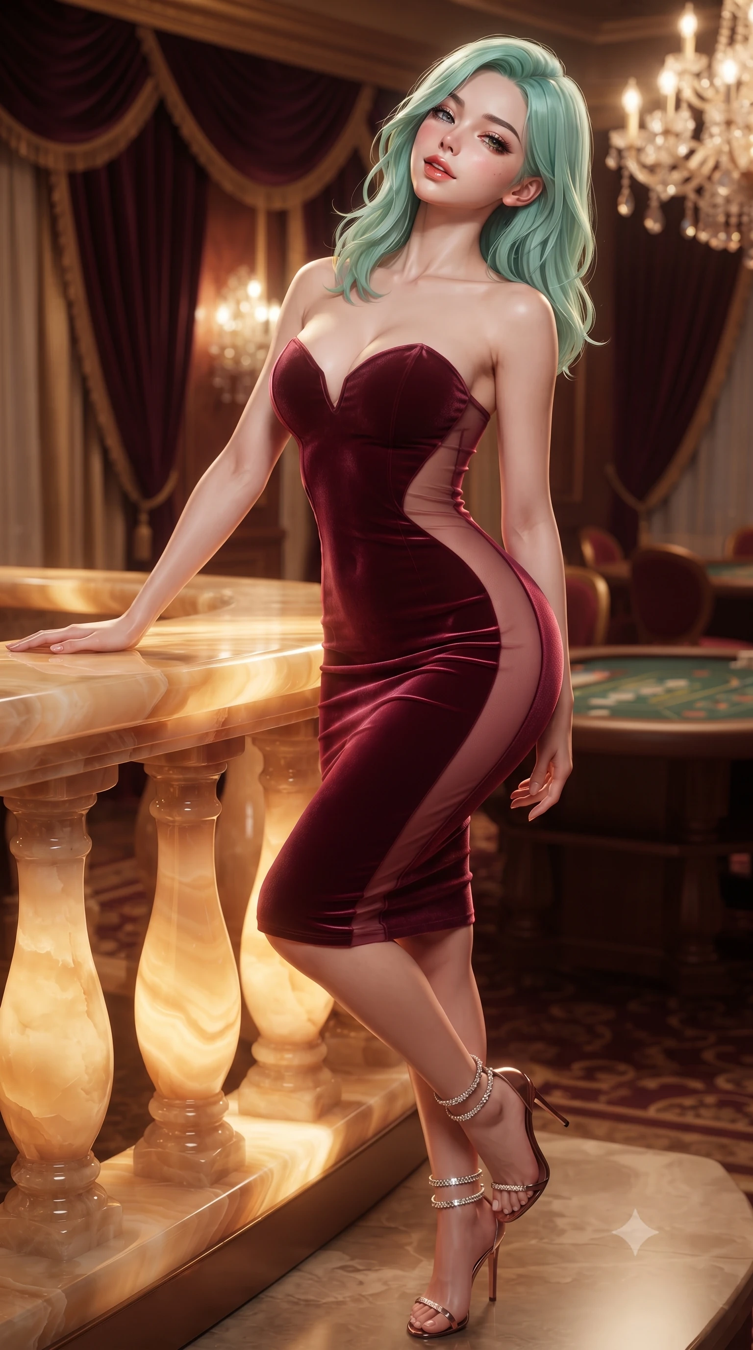 score_9, masterpiece, best quality, ultra-detailed, high-budget anime keyframe, editorial fashion photography, tasteful artistic composition, Japanese woman. close-up cowboy shot from the waist and thighs up, the character dominates the composition, filling the frame with her large presence. leaning back against the balustrade with relaxed seductive grace, head tilted back slightly while casting a hypnotic, heavy-lidded gaze while twisting her slender torso in an alluring S-curve, warm backlit onyx stone tracing her narrow waist, flat midriff, and rounded hips. The background shows a soft-focus heavy velvet salon portières softened in historic Riviera gambling salon shallow focus. She has an exceptionally elegant, slender, and willowy female figure with an ultra-slim waist, flat toned midriff, narrow ribcage, and sculpted feminine hips creating an alluring, slim hourglass silhouette without bulk. sharp v-shaped jawline, high-bridge nose, sparkling eyes with hypnotic seductive depth, thick curled eyelashes, glossy parted lips with a natural dewy peach sheen, alluring bedroom-eyes with an enchanting coquettish smile, exuding magnetic siren charisma and sophisticated glamour, flawlessly proportioned anatomical accuracy, strict slender model proportions, natural body alignment, perfectly sculpted long slender limbs, ultra-slim waistline, clean dynamic posture without body distortion. wearing a deep sweetheart-neckline velvet bodycon dress with sheer side-torso cutouts accentuating her hourglass curves in smoldering crimson wine and deep rose-gold, made of sheer gossamer chiffon that drapes softly against skin with airy translucence, complemented by strappy stiletto sandals with crystal ankle wraps accentuating her slender calves, the glove-like clinging cut tightly following the natural contour of her hips and long slender legs with youthful 8.5-heads elegance. bathed in warm intimate glow radiating upward through the translucent honey-onyx bar top. ultra-reflective glossy finish, specular highlights, rich textural contrasts, high-contrast stereoscopic depth, volumetric dynamic lighting, 2k, ultra detail, master piece, 9:16 ratio