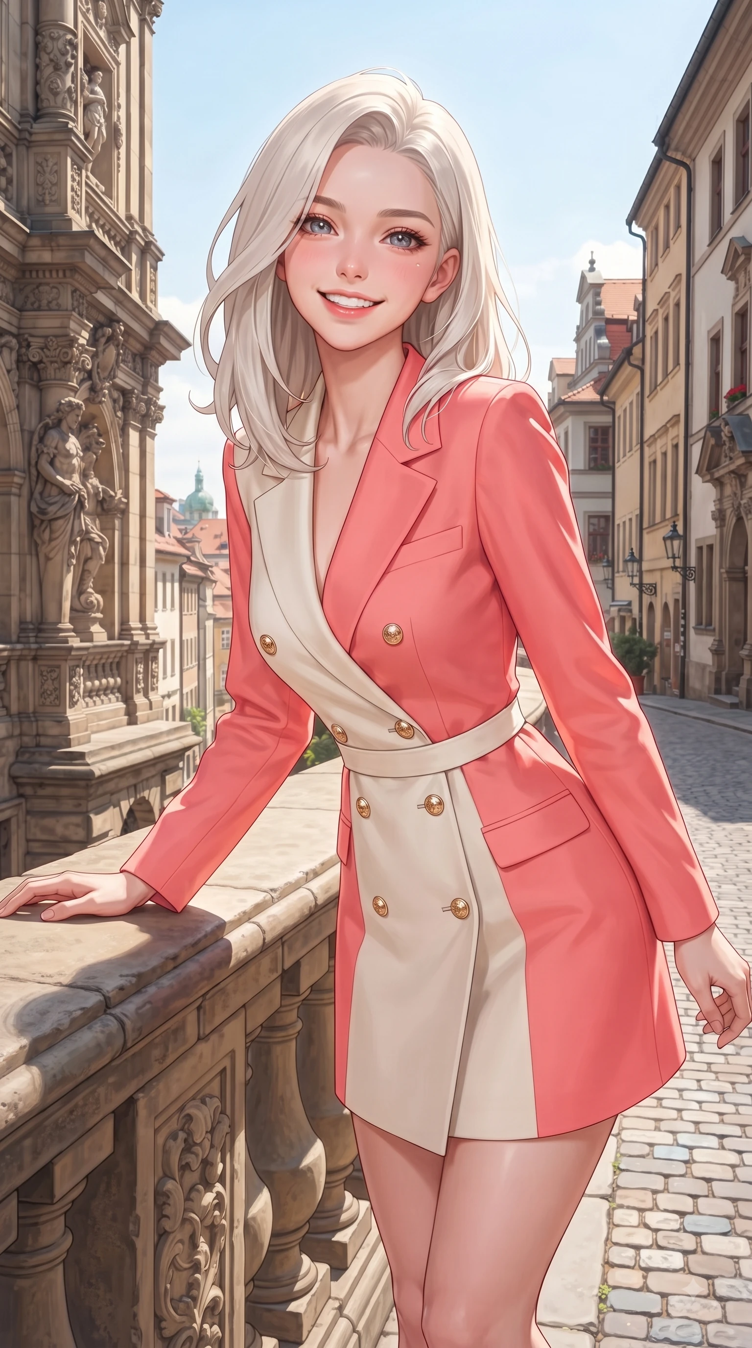 score_9, masterpiece, best quality, ultra-detailed, high-budget anime keyframe, editorial fashion photography, tasteful artistic composition, Caucasian woman. close-up cowboy shot from the waist and thighs up, the character dominates the composition, filling the frame with her large presence. Cheerful beaming smile with sparkling eyes and a fresh girlhood aura, leaning forward with playful grace while leaning against a sunlit stone balustrade overlooking a picturesque old town view. The surrounding environment is rendered in vivid detail and crisp panoramic clarity. intricate stone carvings, historic building facades, and cobblestone path textures in deep focus. She has an exceptionally elegant, slender, and willowy female figure with an ultra-slim waist, a gracefully sculpted slender torso, and a refined silhouette. sharp v-shaped jawline, high-bridge nose, intricate jewel-like eyes with depth, thick eyelashes, glossy lips with a natural sheen, flawlessly proportioned anatomical accuracy, natural body alignment, perfectly sculpted elegant limbs, clean dynamic posture without body distortion. wearing a tailored double-breasted blazer dress with a sleek waist belt and clean lines in vibrant coral pink and pure ivory, crafted from lightweight fluid chiffon, adorned with delicate gold buttons along the front, the form-contouring material highlighting her ultra-slim waist and long lines. illuminated by clear sky refractions and vibrant specular highlights. ultra-reflective glossy finish, specular highlights, metallic sheen, high-contrast stereoscopic depth, volumetric dynamic lighting, 2k, ultra detail, master piece, 9:16 ratio