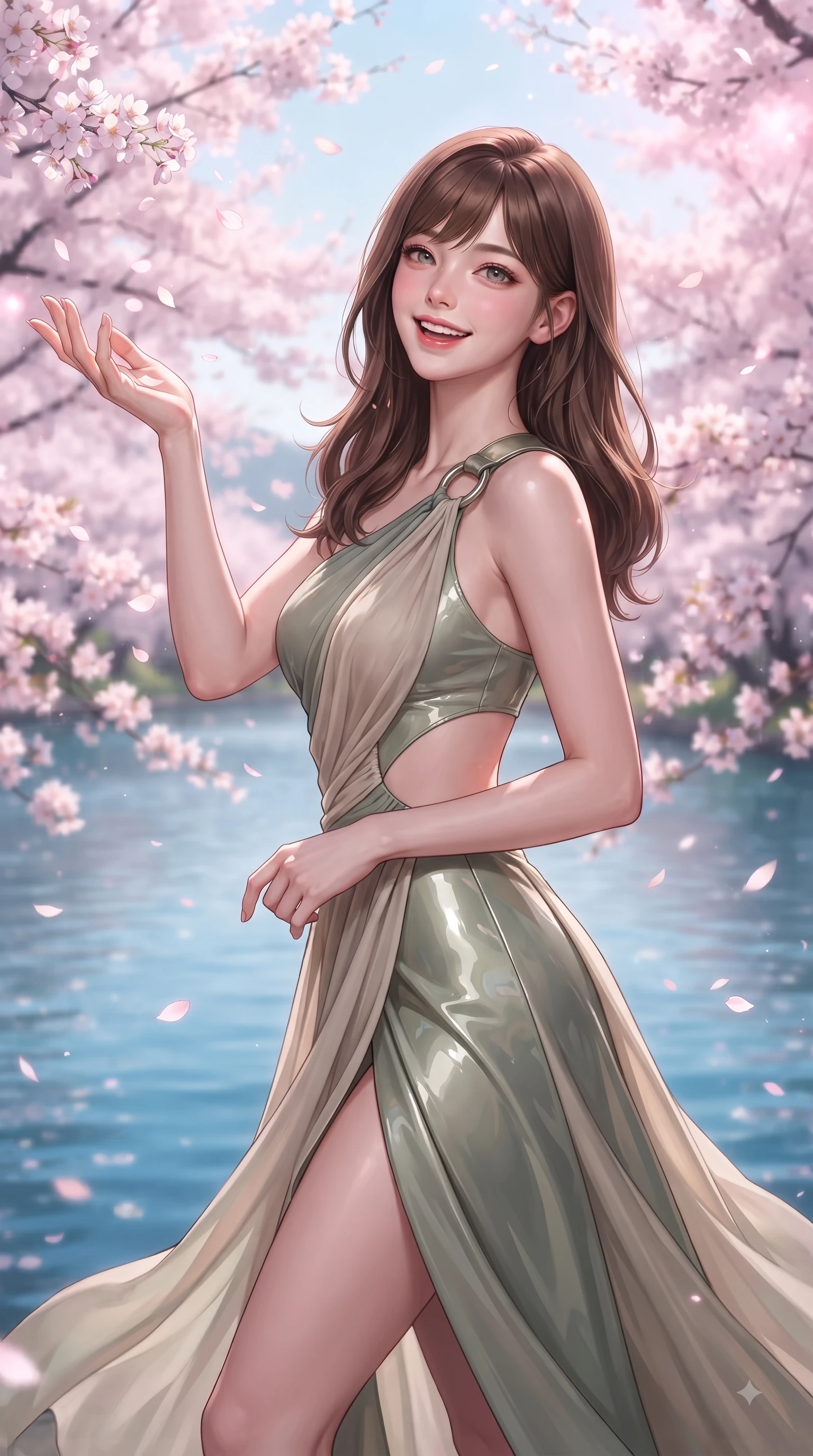 score_9, masterpiece, best quality, ultra-detailed, high-budget anime keyframe, editorial fashion photography, tasteful artistic composition, Korean woman. close-up cowboy shot from the waist and thighs up, the character dominates the composition, filling the frame with her large presence, background elements kept in soft focus. Cheerful beaming smile with parted lips, exuding pure enchanting charm while turning dynamically toward the camera while reaching her hand up playfully to catch falling pink cherry blossom petals in a spring breeze, dense canopies of pink cherry blossoms scattering petals across the clear blue lake. She has an exceptionally elegant, slender, and willowy female figure with an ultra-slim waist, a gracefully sculpted slender torso, and a refined silhouette. sharp v-shaped jawline, high-bridge nose, intricate jewel-like eyes with depth, thick eyelashes, glossy lips with a natural sheen, flawlessly proportioned anatomical accuracy, natural body alignment, perfectly sculpted elegant limbs, clean dynamic posture without body distortion. wearing an asymmetrical Grecian draped chiffon gown with a metallic shoulder ring in sage green and oatmeal, tailored from high-gloss patent leather, featuring clean architectural cutouts along her slender torso, the glove-like fit emphasizing her statuesque silhouette during motion. illuminated by soft glowing pink ambient light and clear sky refractions. ultra-reflective glossy finish, specular highlights, metallic sheen, high-contrast stereoscopic depth, volumetric dynamic lighting, 2k, ultra detail, master piece, 9:16 ratio