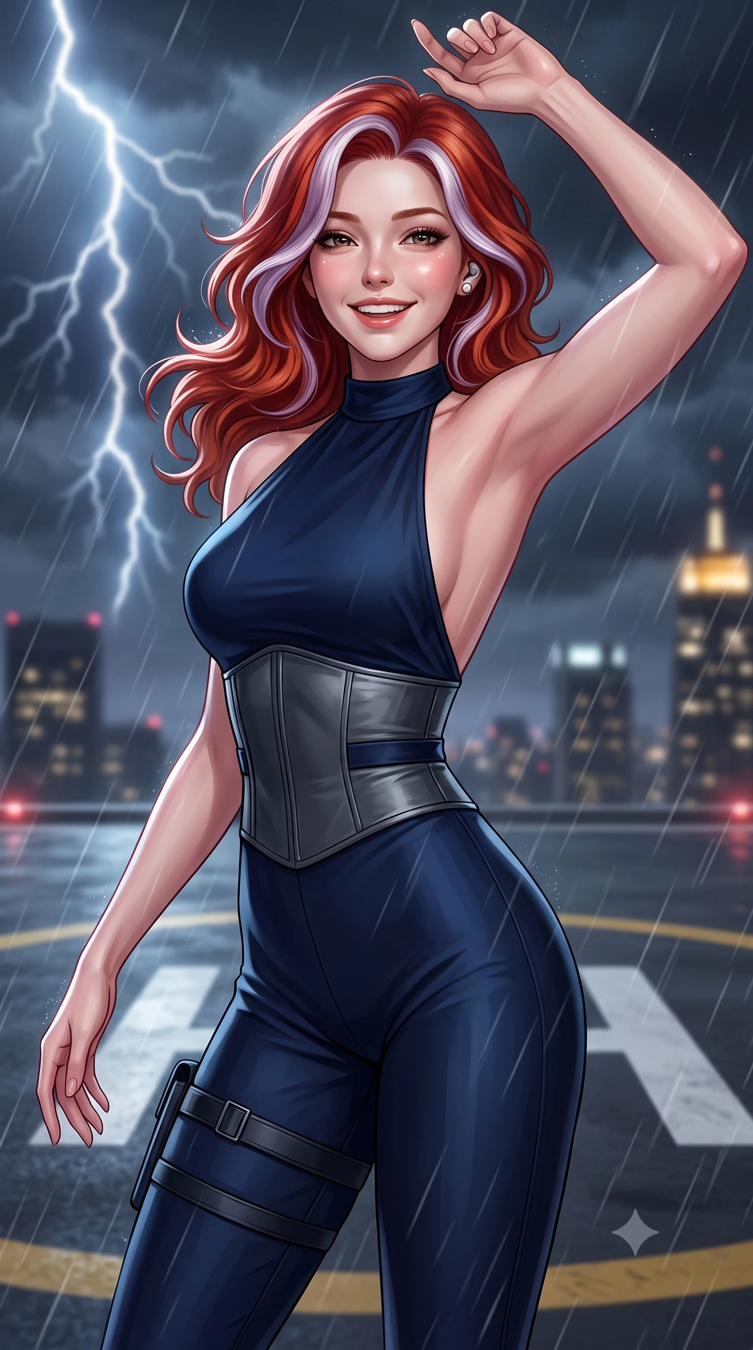 score_9, masterpiece, best quality, ultra-detailed, high-budget anime keyframe, semi-realistic 3D game render, editorial fashion photography, tasteful artistic composition, Caucasian woman. close-up cowboy shot from the waist and thighs up, the character dominates the composition, filling the frame with her large presence. laughing softly with genuine, enchanting warmth, eyes crinkling sweetly as specular highlights illuminate her cheeks while pivoting dynamically as gale-force storm winds whip rain across the helipad markings, parrying an alarm sensor with poise. The composition keeps background elements in soft focus with creamy bokeh. violent lightning forks and distant glowing skyscraper crowns blurred into charcoal, slate-blue, and electric white bokeh. She has an exceptionally elegant, slender, and willowy female figure with an ultra-slim waist, a gracefully sculpted slender torso, toned flat midriff, and a refined slim silhouette. sharp v-shaped jawline, high-bridge nose, intricate jewel-like eyes with depth, thick eyelashes, glossy lips with a natural sheen, captivating and magnetic expression, flawlessly proportioned anatomical accuracy, strict slender model proportions, natural body alignment, perfectly sculpted long slender limbs, ultra-slim waistline, clean dynamic posture without body distortion. wearing a high-society undercover halter-neck jumpsuit with a tailored deep-V back and integrated tactical waist cincher in deep midnight blue and brushed gunmetal, tailored from fluid silk crepe with inner ballistic reinforcement, accessorized with a sleek concealed garter holster and pearl ear transmitter, the form-contouring material adhering flawlessly to her sculpted flat midriff and slender torso, emphasizing her long leg lines and perfectly proportioned willowy build. surrounded by an indomitable, dangerous, and breathtakingly cinematic lone infiltration specialist aura. highly saturated vibrant anime colors, detailed shading with soft gradients, rich glossy textures, high-contrast stereoscopic depth, volumetric dynamic lighting, master piece, 9:16 ratio