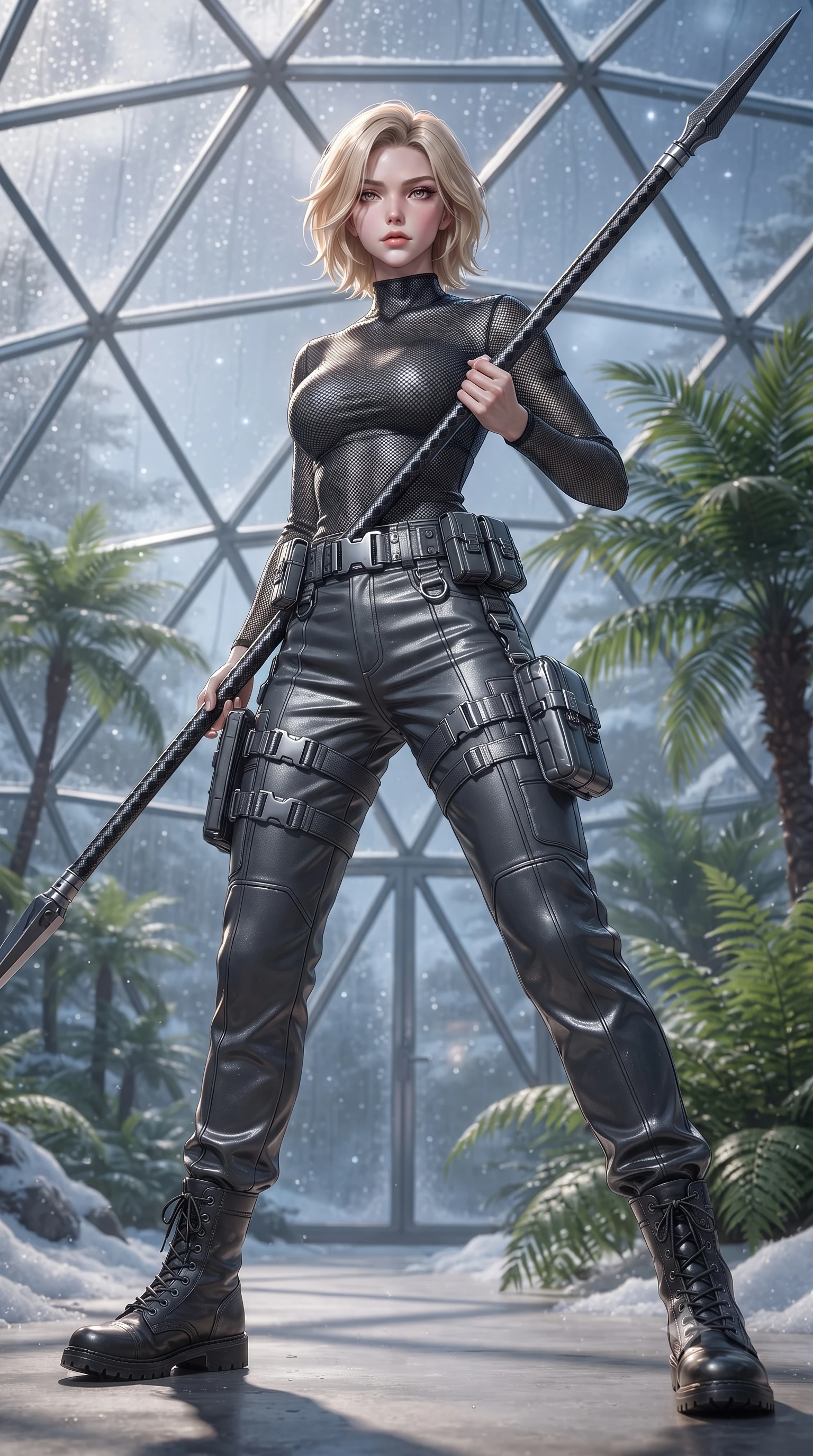 score_9, masterpiece, best quality, ultra-detailed, high-budget anime keyframe, editorial fashion photography, tasteful artistic composition, Caucasian woman. low angle full-body shot from head to toe showing her feet, filling the entire 9:16 vertical frame with her statuesque presence, stretching her vertical silhouette. standing in a dynamic combat stance with a carbon-fiber spear held diagonally, stretching her statuesque body, the background shows a soft-focus a glass greenhouse dome built in a snowy biome, filled with warm tropical palms. She has an absolutely perfect, statuesque 8.5-heads proportion, an exceptionally tall and slender model-like female figure with impossibly long slender legs and an ultra-slim waist. sharp v-shaped jawline, high-bridge nose, intricate jewel-like eyes with depth, thick eyelashes, glossy lips with a natural sheen. wearing a form-contouring high-neck carbon-mesh tactical shirt tucked into structured combat trousers with metallic utility belts. soft silver starlight filtering through glass panels, creating a cool ambient glow. ultra-reflective glossy finish, specular highlights, metallic sheen, high-contrast stereoscopic depth, volumetric dynamic lighting, 2k, ultra detail, master piece, 9:16 ratio