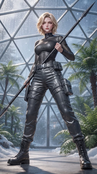 score_9, masterpiece, best quality, ultra-detailed, high-budget anime keyframe, editorial fashion photography, tasteful artistic composition, Caucasian woman. low angle full-body shot from head to toe showing her feet, filling the entire 9:16 vertica