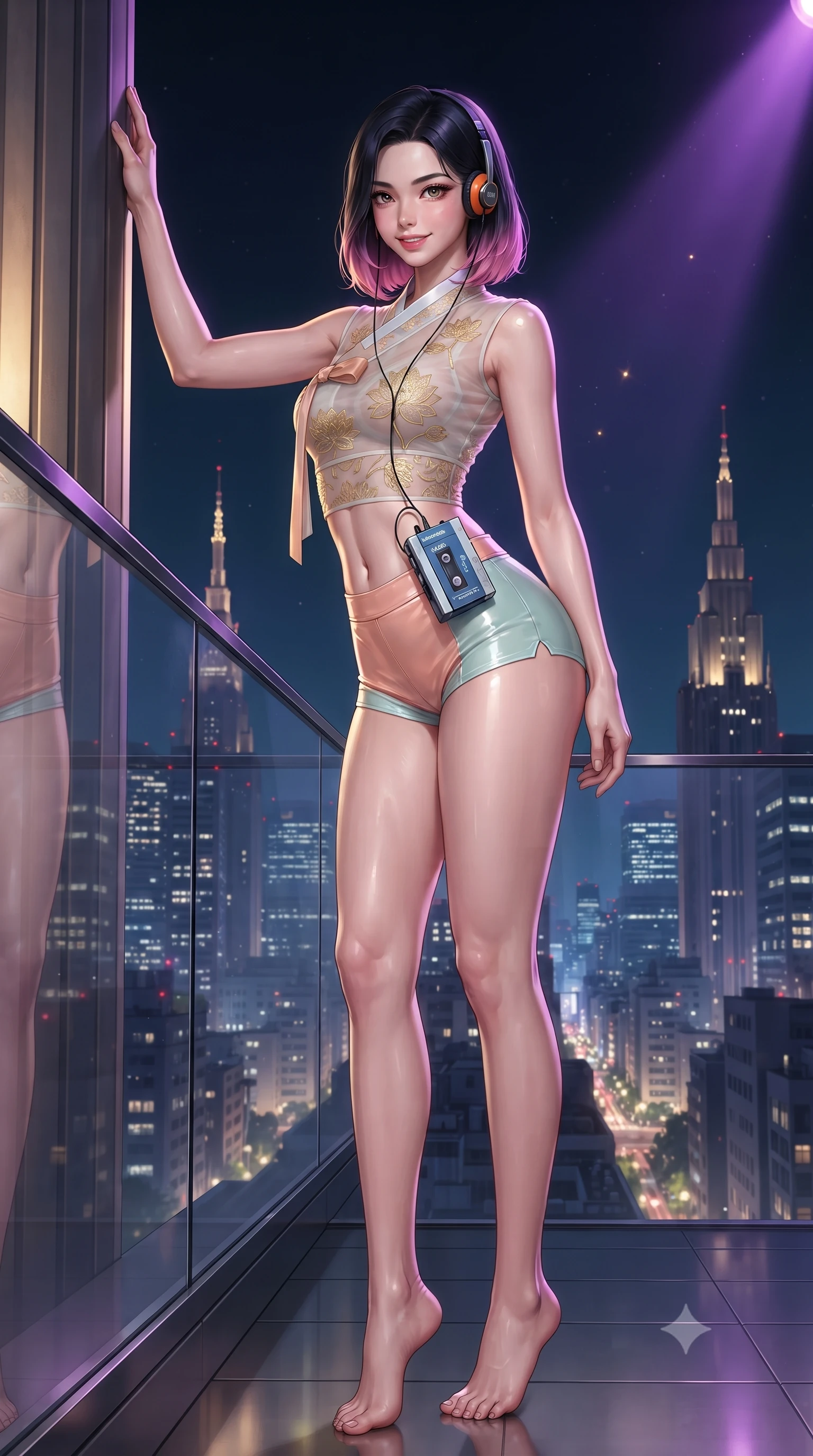 score_9, masterpiece, best quality, ultra-detailed, high-budget anime keyframe, editorial fashion photography, tasteful artistic composition, Korean woman. low angle full-body shot from head to toe showing her feet, filling the entire 9:16 vertical frame with her statuesque presence, stretching her vertical silhouette. standing tall beside the architectural column, one hand resting high while arching her lower back to emphasize her sculpted feminine hips and slender waist while standing poised beside the balcony glass balustrade high above the Tokyo metropolis, arching her spine with sovereign VIP glamour. The surrounding environment is rendered in vivid detail and crisp panoramic clarity: sharp glass balustrade reflections, champagne bubbles in crystal glass, and distant architectural needle spires in deep focus. She has an absolutely perfect, statuesque 8.5-heads proportion, an exceptionally tall and slender model-like female figure with impossibly long slender legs, an ultra-slim waist, a flat toned midriff, narrow delicate ribcage, and beautifully sculpted feminine hips creating a graceful, slim hourglass silhouette without any bulky heaviness. sharp v-shaped jawline, high-bridge nose, sparkling eyes with hypnotic seductive depth, thick curled eyelashes, glossy parted lips with a natural dewy peach sheen, alluring bedroom-eyes with an enchanting coquettish smile, exuding magnetic siren charisma and sophisticated glamour, flawlessly proportioned anatomical accuracy, strict slender model proportions, natural body alignment, perfectly sculpted long slender limbs, ultra-slim waistline, clean dynamic posture without body distortion. wearing a form-contouring sheer organza hanbok bodice with delicate lotus embroidery paired with low-rise silk hot-pants in pastel peach blossom and celadon porcelain blue, crafted from wet-look high-gloss vinyl fabric with dazzling specular surface reflections, complemented by a retro cassette walkman with vintage foam-padded orange headphones, the form-contouring silhouette accentuating her sculpted flat midriff, narrow delicate ribcage, and gracefully curvy hips with intoxicating allure. bathed in dynamic purple and gold nightclub spotlight sweeps paired with ambient skyline glow. ultra-reflective glossy finish, specular highlights, rich textural contrasts, high-contrast stereoscopic depth, volumetric dynamic lighting, 2k, ultra detail, master piece, 9:16 ratio