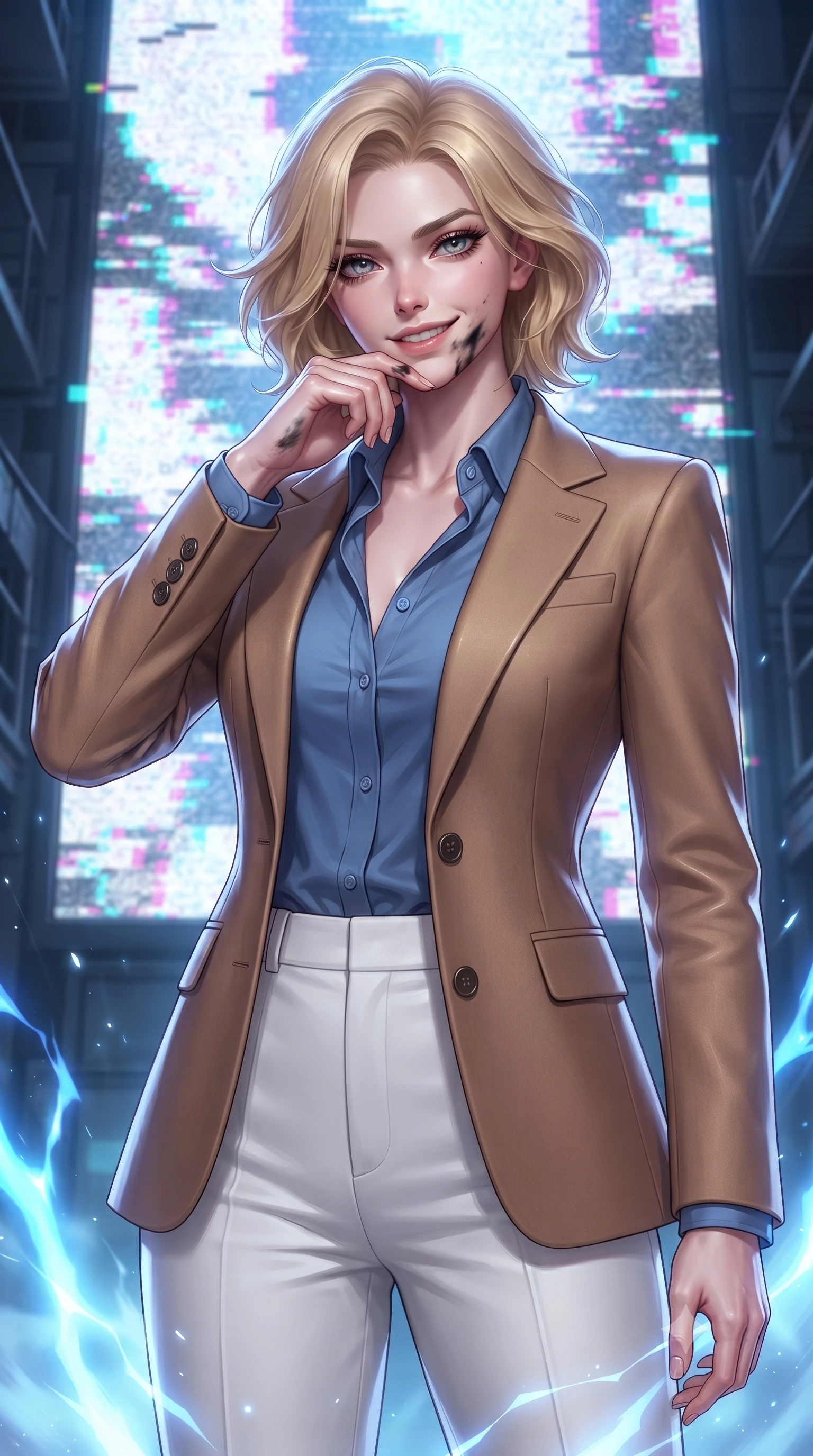 score_9, masterpiece, best quality, ultra-detailed, high-budget anime keyframe, editorial fashion photography, tasteful artistic composition, realistic cosplay photography, Caucasian woman, strictly human ears. close-up cowboy shot from the waist and thighs up, the character dominates the composition, filling the frame with her large presence, background elements kept in soft focus. Defiantly wiping oil and stardust from her jawline with a confident, victorious smirk. set against a soft-focus background of a narrow maintenance gantry behind a giant neon advertising screen that is glitching and flashing static patterns. She has an exceptionally elegant and slender, willowy female figure with an ultra-slim waist, a gracefully sculpted slender torso, and a refined slim physique. sharp v-shaped jawline, high-bridge nose, intricate jewel-like eyes with depth, thick eyelashes, glossy lips with a natural sheen. wearing tailored for maximum mobility, sleek form-contouring panels that allow fluid movement, a form-contouring structured camel wool blazer over a French blue cotton button-down shirt and high-waisted white trousers. pulsing electric blue plasma arc lighting rising dramatically from below. ultra-reflective glossy finish, specular highlights, metallic sheen, high-contrast stereoscopic depth, volumetric dynamic lighting, 2k, ultra detail, master piece, 9:16 ratio