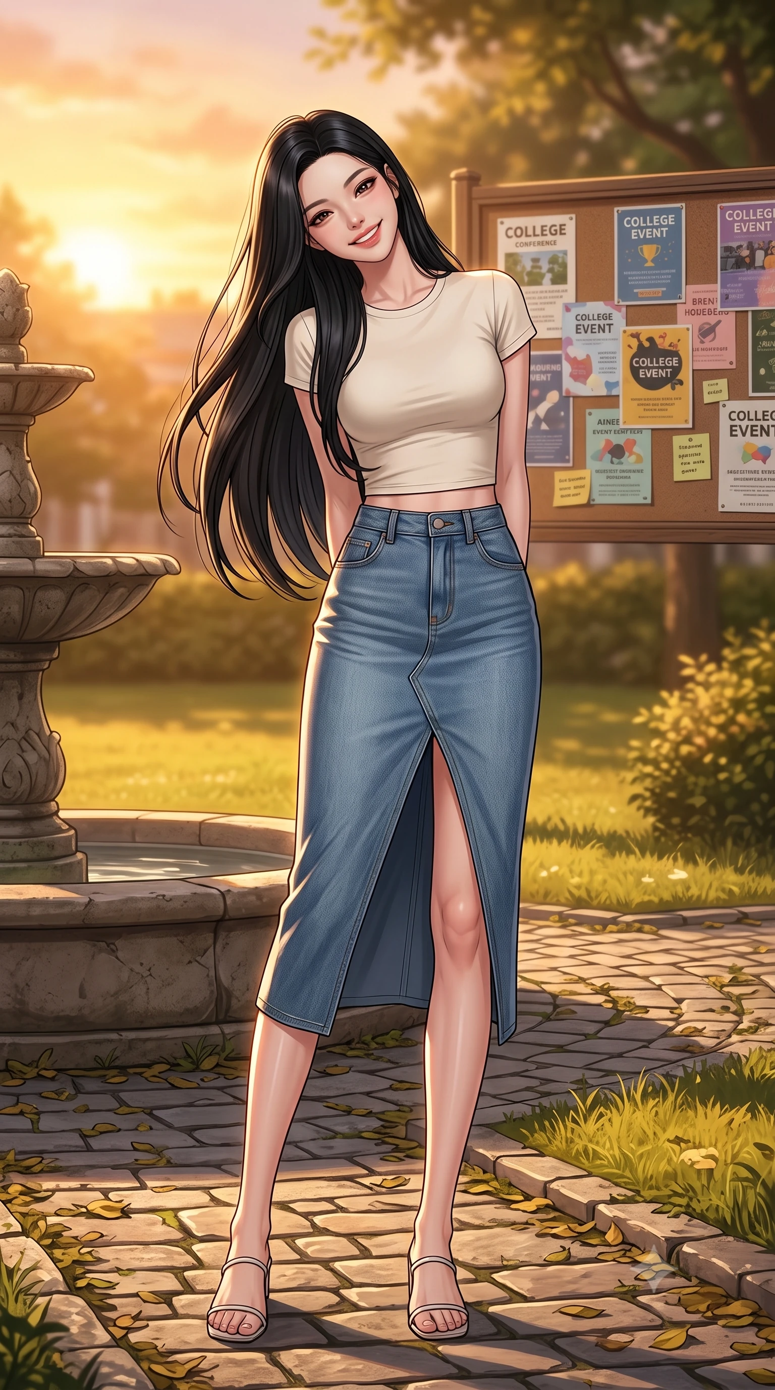 score_9, masterpiece, best quality, ultra-detailed, high-budget anime keyframe, editorial fashion photography, tasteful artistic composition, Korean woman. low angle full-body shot from head to toe showing her feet, filling the entire 9:16 vertical frame with her statuesque presence, stretching her vertical silhouette. standing with a cute, bright pose, tilting her head with a beaming smile set against a soft-focus background of walking down a leafy pathway of a quiet university garden with stone fountains with colorful college flyers and posters decorating the bulletin boards behind her. She has an absolutely perfect, statuesque 8.5-heads proportion, an exceptionally tall and slender model-like female figure with impossibly long slender legs and an ultra-slim waist. sharp v-shaped jawline, high-bridge nose, intricate jewel-like eyes with depth, thick eyelashes, glossy lips with a natural sheen. wearing slim-fit modern crop top tee in cream, paired with a high-slit denim midi skirt. golden hour sunset light casting a peaceful, cozy orange wash across the lawns. ultra-reflective glossy finish, specular highlights, metallic sheen, high-contrast stereoscopic depth, volumetric dynamic lighting, 2k, ultra detail, master piece, 9:16 ratio