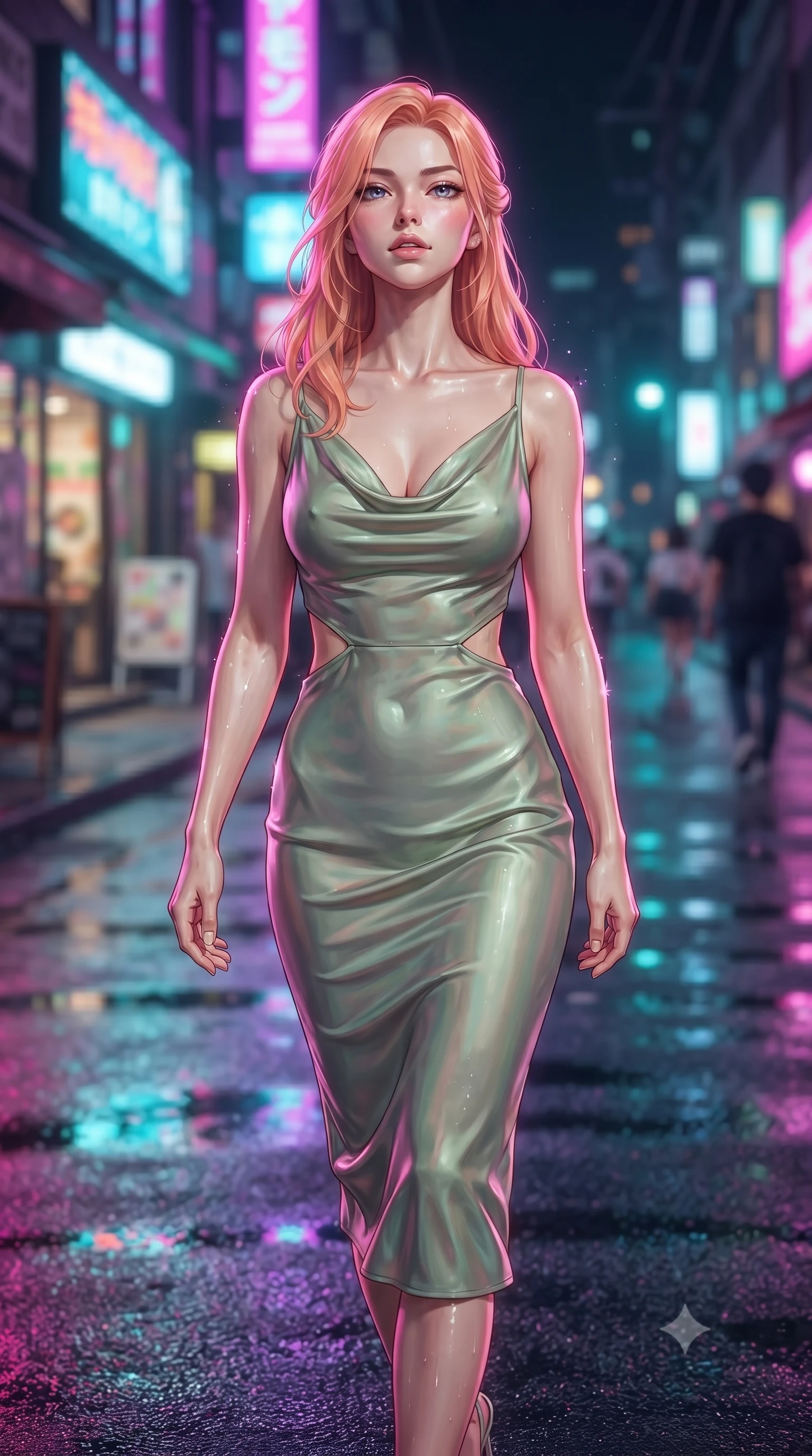 score_9, masterpiece, best quality, ultra-detailed, high-budget anime keyframe, editorial fashion photography, tasteful artistic composition, Japanese woman. close-up cowboy shot from the waist and thighs up, the character dominates the composition, filling the frame with her large presence, background elements kept in soft focus. Tilting her chin up slightly with lips parted in a magnetic, composed expression walking across a wet asphalt street reflecting multi-color neon city lights, soft mist scattering vibrant magenta and cyan neon rim light around her form. She has an exceptionally elegant, slender, and willowy female figure with an ultra-slim waist, a gracefully sculpted slender torso, and a refined silhouette. sharp v-shaped jawline, high-bridge nose, intricate jewel-like eyes with depth, thick eyelashes, glossy lips with a natural sheen. wearing an elegant cowl-neck satin midi dress with a draped neckline in sage green and oatmeal, crafted from iridescent chiffon that shifts colors in the light, featuring subtle geometric cutouts that highlight her ultra-slim midriff, the sleek second-skin texture accentuating her magnetic presence. drenched in wet neon reflections with brilliant specular highlights on her silhouette. highly saturated vibrant anime colors, detailed shading with soft gradients, rich glossy textures, high-contrast stereoscopic depth, volumetric dynamic lighting, master piece, 9:16 ratio