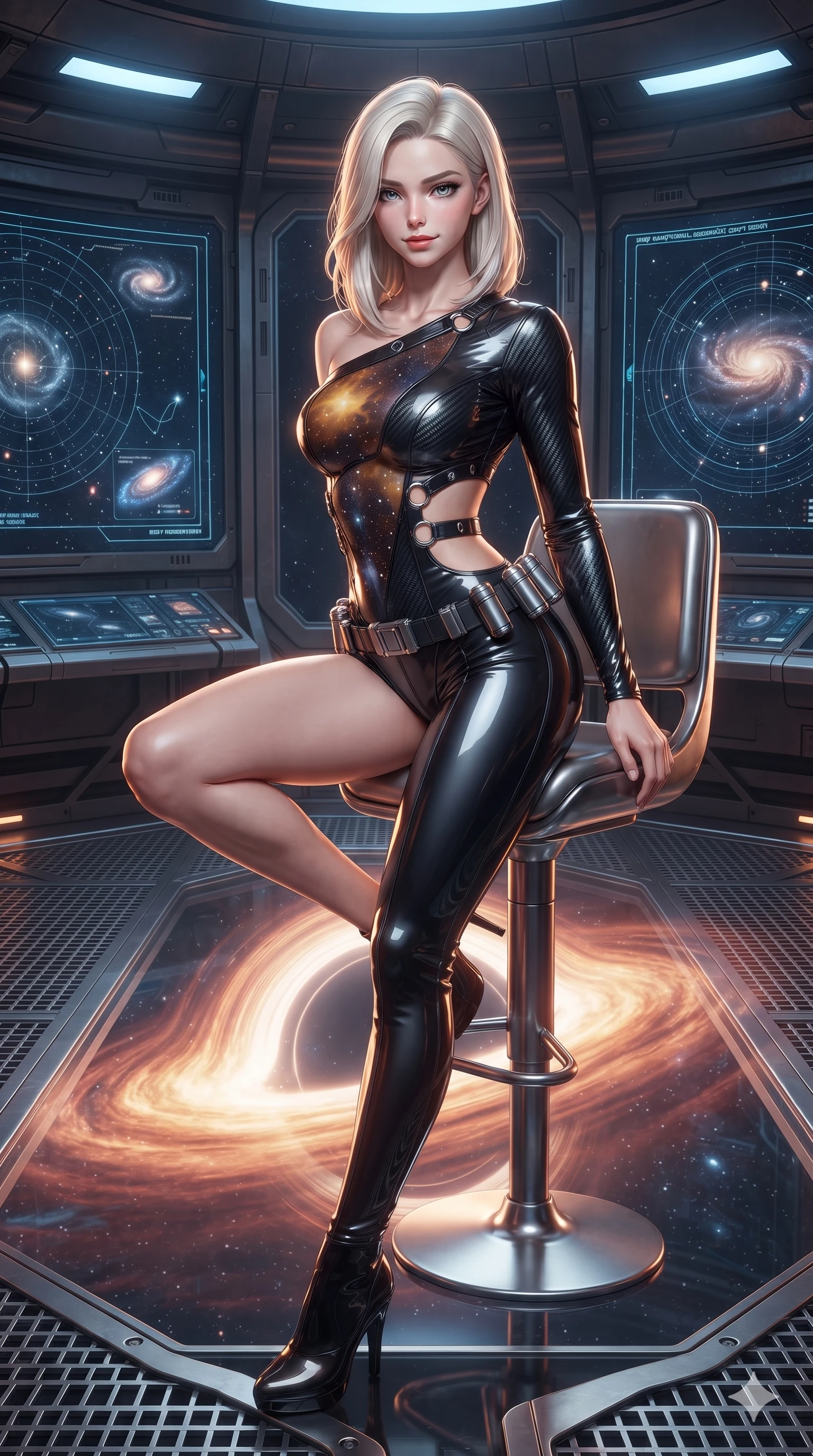 score_9, masterpiece, best quality, ultra-detailed, high-budget anime keyframe, editorial fashion photography, tasteful artistic composition, Caucasian woman. close-up cowboy shot from the waist and thighs up, the character dominates the composition, filling the frame with her large presence. perched sideways on the pilot seat, one knee drawn up to showcase her slender leg line while her arched back accentuates her feminine hip curve while standing in a tall, confident posture on the transparent observatory catwalk, stretching her statuesque body as she arches her lower back while overlooking the blazing accretion disk swirling below. The surrounding environment is rendered in vivid detail and crisp panoramic clarity: sharp titanium catwalk grating, heavy bulkhead pressure seals, and crisp holographic astronomical charts in deep focus. She has an exceptionally elegant, slender, and willowy female figure with an ultra-slim waist, flat toned midriff, narrow ribcage, and sculpted feminine hips creating an alluring, slim hourglass silhouette without bulk. sharp v-shaped jawline, high-bridge nose, intricate jewel-like sparkling eyes with depth, thick eyelashes, glossy parted lips with a natural sheen, bright confident smile with an enchanting and coquettish sensual glint, exuding both youthful magnetic charm and sovereign high-tech allure, flawlessly proportioned anatomical accuracy, strict slender model proportions, natural body alignment, perfectly sculpted long slender limbs, ultra-slim waistline, clean dynamic posture without body distortion. wearing an asymmetric one-shoulder combat catsuit with carbon-weave paneling and an open-waist architecture emphasizing her hips in cosmic eclipse amber and starlight diamond, adorned with delicate chrome ring hardware and cutouts along her slender waist, accented with a sleek utility belt with polished magnetic canisters resting loosely on her curvy hips, the form-contouring cut accentuating her sculpted flat midriff, narrow delicate ribcage, and gracefully curvy hips with cybernetic supermodel precision. illuminated by viewport reflection bounce and sharp gold-crimson rim lights sculpting her razor-sharp jawline, narrow waist, and curvy hips. ultra-reflective glossy finish, specular highlights, rich textural contrasts, high-contrast stereoscopic depth, volumetric dynamic lighting, 2k, ultra detail, master piece, 9:16 ratio
