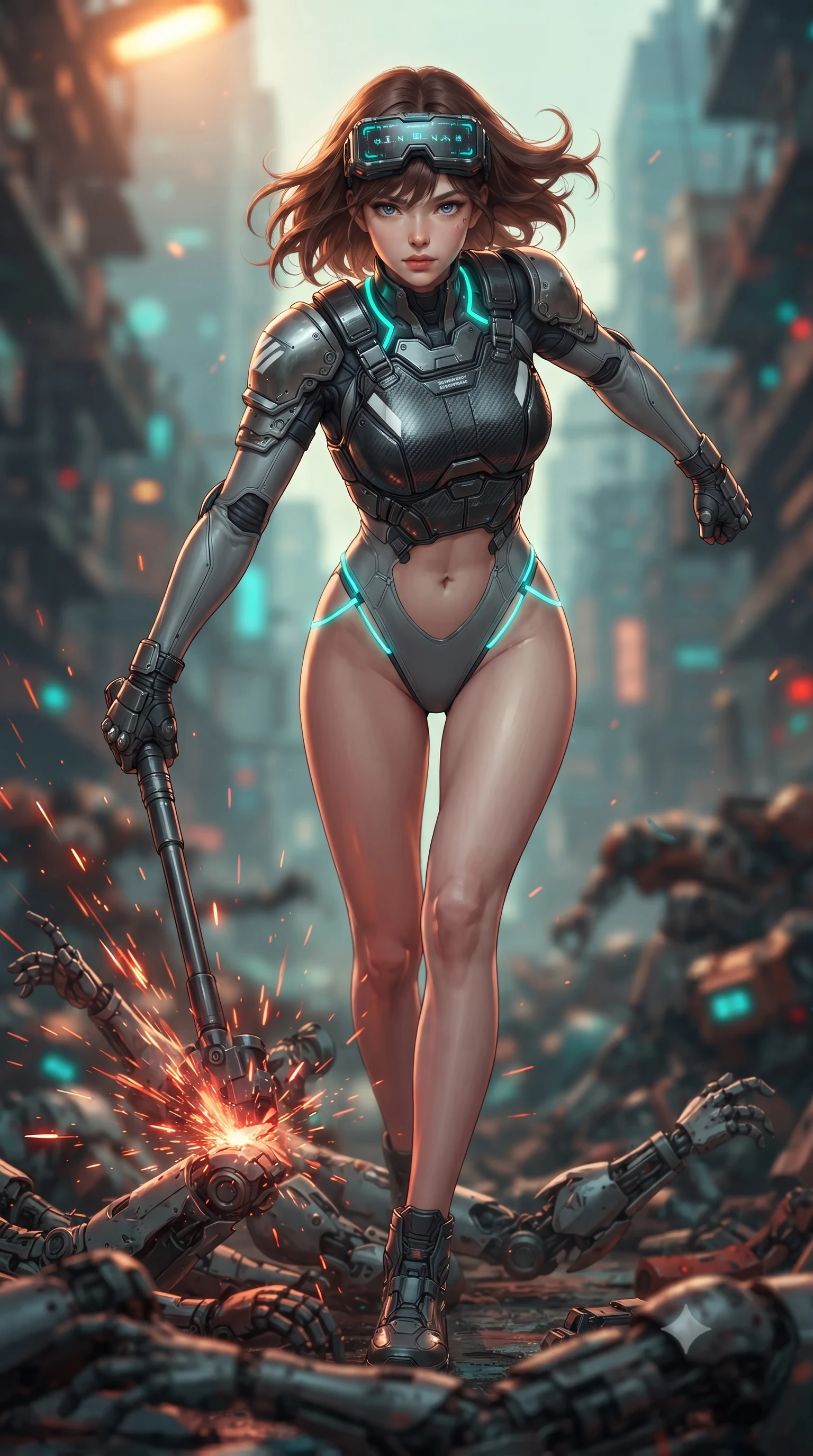 score_9, masterpiece, best quality, ultra-detailed, high-budget anime keyframe, editorial fashion photography, tasteful artistic composition, Korean woman. low angle full-body shot from head to toe showing her feet, filling the entire 9:16 vertical frame with her statuesque presence, stretching her vertical silhouette. striding forward with sovereign warrior elegance in a low, predatory combat advance through the ruins, hips swaying with fierce athletic poise while delivering a downward kinetic hammer fist that sends discarded mechanical limbs flying in a radial arc of sparks. The composition keeps background elements in soft focus with creamy bokeh. mountains of rusted android parts and blinking indicator lights blurred into rich amber, turquoise, and rust bokeh. She has an absolutely perfect, statuesque 8.5-heads proportion, an exceptionally tall and slender model-like female figure with impossibly long slender legs, a toned flat midriff, and an ultra-slim waist. sharp v-shaped jawline, high-bridge nose, intricate jewel-like eyes with depth, thick eyelashes, glossy lips with a natural sheen, fierce and resolute heroine expression, flawlessly proportioned anatomical accuracy, strict slender model proportions, natural body alignment, perfectly sculpted long slender limbs, ultra-slim waistline, clean dynamic posture without body distortion. wearing high-tech holographic tactical goggles resting tipped up on her forehead, casting glowing neon runes across her brow without obscuring her features, paired with a heavy modular carbon-fiber combat cuirass paired with a second-skin tactical leotard and reinforced titanium shoulder pauldrons in storm-grey carbon mesh with high-contrast white hazard stripes, made of liquid carbon-jersey fabric accentuating every curve of her tall, slender model proportions, accented with glowing fiber-optic telemetry conduits tracing her collarbones and hip curves, the precision-cut daring openings accentuating her delicate midriff, graceful bare collarbones, and ultra-slim feminine waistline. bathed in atmospheric amber emergency lighting and pulsing cyan sonar crown glow. ultra-reflective glossy finish, specular highlights, dark metallic sheen, high-contrast stereoscopic depth, volumetric dynamic lighting, 2k, ultra detail, master piece, 9:16 ratio