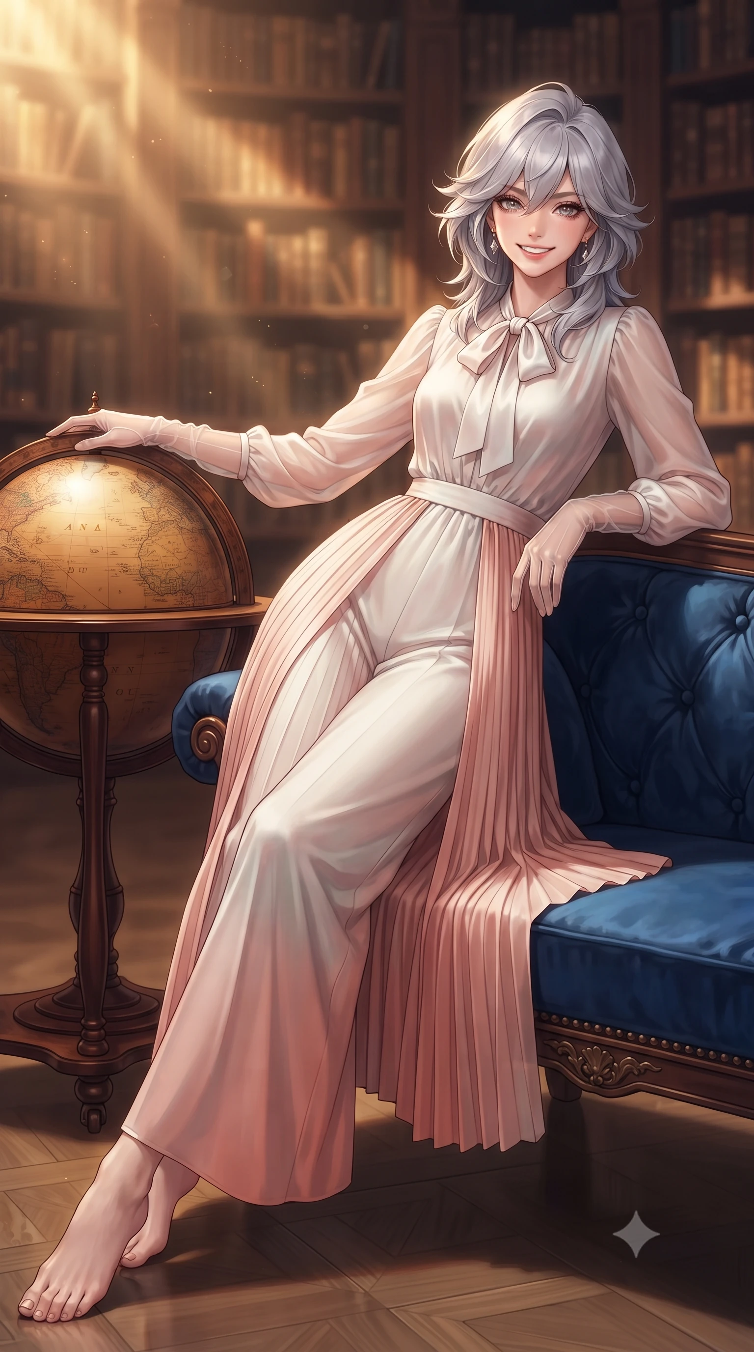 score_9, masterpiece, best quality, ultra-detailed, high-budget anime keyframe, editorial fashion photography, tasteful artistic composition, Japanese woman. low angle full-body shot from head to toe showing her feet, filling the entire 9:16 vertical frame with her statuesque presence, stretching her vertical silhouette. reclining gracefully across the plush chaise lounge with one leg extended, her sculpted silhouette and flat midriff radiating magnetic nocturnal glamour while leaning against the antique mahogany terrestrial globe stand with hips cocked back, looking through aged calfskin vellum rows with smoldering bedroom-eyes. The background shows a soft-focus ancient vellum book dust caught in warm light beams softened in historic royal library shallow focus. She has an exceptionally tall and slender model-like 8.5-heads proportion, an ultra-slim waist, a flat toned midriff, narrow delicate ribcage, and beautifully sculpted feminine hips creating a graceful, slim hourglass silhouette without any bulky heaviness, with impossibly long slender legs. sharp v-shaped jawline, high-bridge nose, intricate jewel-like sparkling eyes with depth, thick eyelashes, glossy parted lips with a natural peach sheen, bright cheerful beaming smile with an enchanting and coquettish sensual glint, exuding both youthful cute charm and seductive allure, flawlessly proportioned anatomical accuracy, strict slender model proportions, natural body alignment, perfectly sculpted long slender limbs, ultra-slim waistline, clean dynamic posture without body distortion. wearing a refined long-sleeve silk georgette palazzo jumpsuit with pleated overlay skirt and modest neck bow in North Malé sandbank mother-of-pearl and warm coral blush, tailored from ultra-plush silk velvet with rich tactile depth and deep shadow gradients, complemented by sheer opera-length evening gloves tracing her slender arms, the impeccably tailored cut draping gracefully along her slender figure with aristocratic poise. illuminated by polished wood reflection fill and sharp honey-gold rim lights defining her razor-sharp jawline, narrow waist, and curvy hips. ultra-reflective glossy finish, specular highlights, rich textural contrasts, high-contrast stereoscopic depth, volumetric dynamic lighting, 2k, ultra detail, master piece, 9:16 ratio