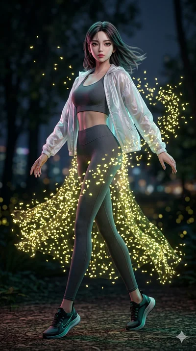 score_9, masterpiece, best quality, ultra-detailed, photorealistic 8k CG, hyper-detailed textures, ray-tracing, Korean anime girl. Dynamic full-body shot stretching the vertical silhouette with extreme perspective. twisting through a swarm of firefli