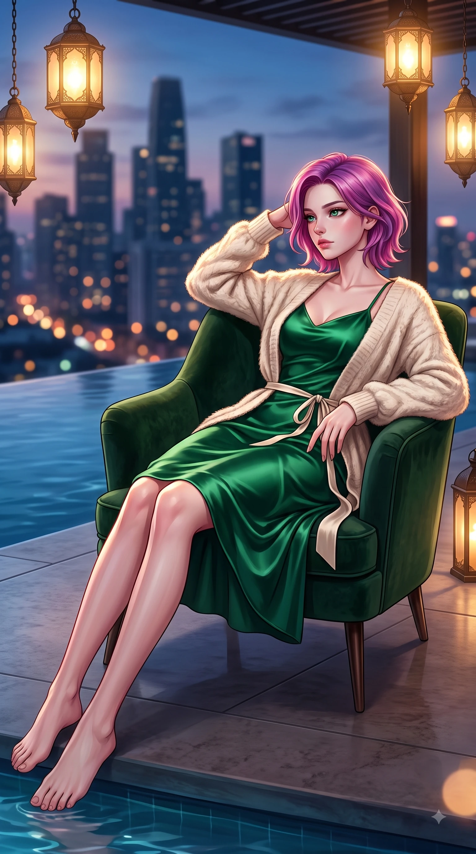 score_9, masterpiece, best quality, ultra-detailed, high-budget anime keyframe, editorial fashion photography, tasteful artistic composition, Caucasian woman. low angle full-body shot from head to toe showing her feet, filling the entire 9:16 vertical frame with her statuesque presence, stretching her vertical silhouette. Wistful sorrowful gaze looking distant with a delicate melancholy and emotional depth in her eyes while lounging in a velvet designer chair under warm ambient outdoor lanterns. The composition keeps background elements in soft focus with dreamy bokeh. metropolitan skyline silhouettes blurred into a dramatic evening backdrop. She has an absolutely perfect, statuesque 8.5-heads proportion, an exceptionally tall and slender model-like female figure with impossibly long slender legs and an ultra-slim waist. sharp v-shaped jawline, high-bridge nose, intricate jewel-like eyes with depth, thick eyelashes, glossy lips with a natural sheen, flawlessly proportioned anatomical accuracy, natural body alignment, perfectly sculpted elegant limbs, clean dynamic posture without body distortion. wearing a rich emerald green satin slip dress layered under a plush cream cardigan in burnt orange and warm camel beige, tailored from crisp high-density cotton poplin, accented with a delicate side waist sash creating fluid lines, the sleek second-skin fit accentuating her magnetic presence. illuminated by crisp specular highlights from infinity pool reflections and city lights. highly saturated vibrant anime colors, detailed shading with soft gradients, rich glossy textures, high-contrast stereoscopic depth, volumetric dynamic lighting, master piece, 9:16 ratio
