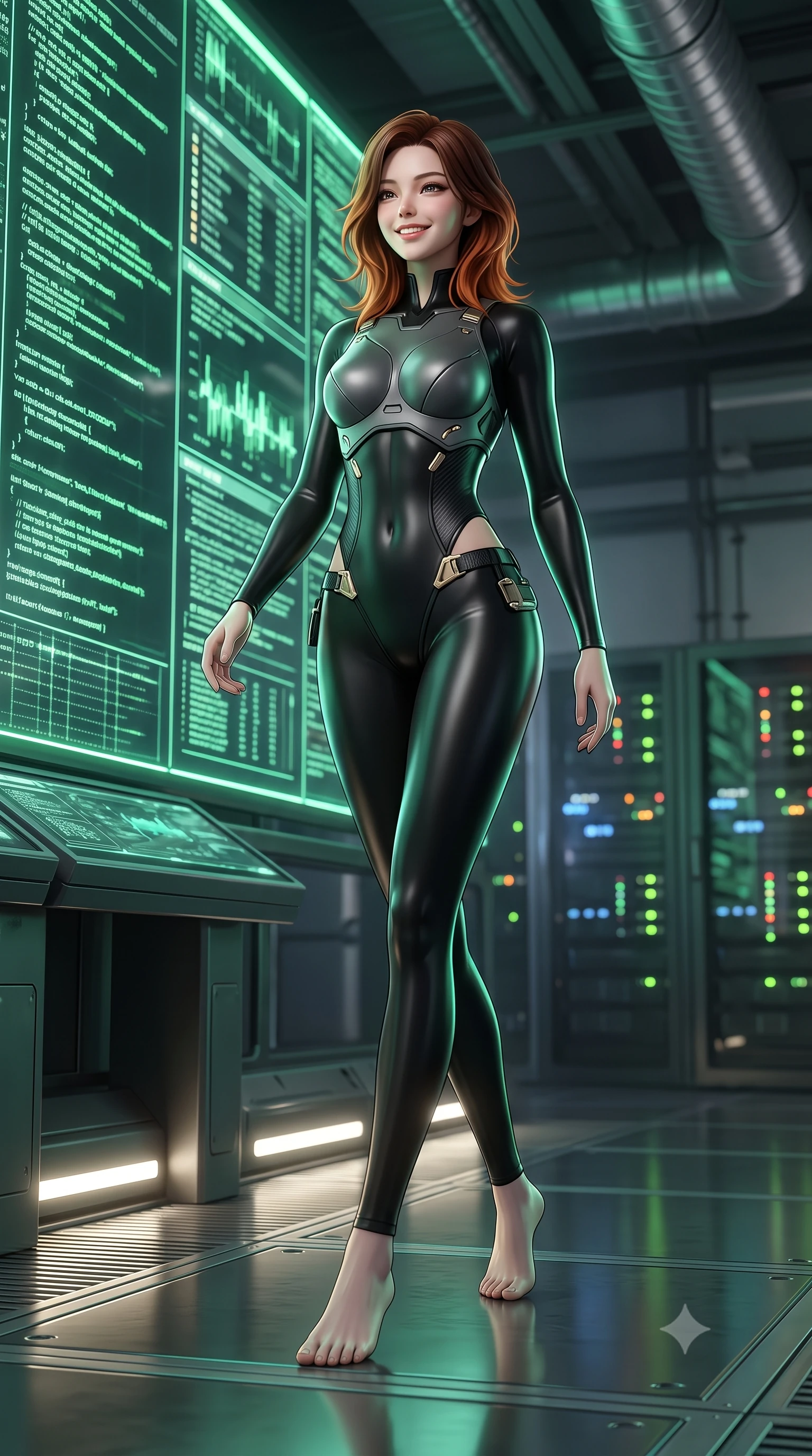 score_9, masterpiece, best quality, ultra-detailed, high-budget anime keyframe, semi-realistic 3D game render, editorial fashion photography, tasteful artistic composition, Korean woman. low angle full-body shot from head to toe showing her feet, filling the entire 9:16 vertical frame with her statuesque presence, stretching her vertical silhouette. striding forward gracefully across the reflective metal deck in mid-motion with a radiant beaming smile, hips swaying in an alluring kinetic rhythm that accentuates her curvy hourglass silhouette and long slender legs while standing in a tall commanding posture before towering glowing tactical holoscreens, arching her back with sovereign poise as green code streams cascade. The background shows a soft-focus flickering server rack LED indicators and industrial ventilation ducts softened in tactical cyberpunk shallow focus. She has an absolutely perfect, statuesque 8.5-heads proportion, an exceptionally tall and slender model-like female figure with impossibly long slender legs, an ultra-slim waist, a flat toned midriff, narrow delicate ribcage, and beautifully sculpted feminine hips creating a graceful, slim hourglass silhouette without any bulky heaviness. sharp v-shaped jawline, high-bridge nose, intricate jewel-like sparkling eyes with depth, thick eyelashes, glossy parted lips with a natural sheen, bright confident smile with an enchanting and coquettish sensual glint, exuding both youthful magnetic charm and sovereign high-tech allure, flawlessly proportioned anatomical accuracy, strict slender model proportions, natural body alignment, perfectly sculpted long slender limbs, ultra-slim waistline, clean dynamic posture without body distortion. wearing a sculpted titanium-alloy breastplate bodice worn over an ultra-tight matte stretch bodysuit with side hip cutouts in glossy onyx black and warm champagne gold hardware, crafted from lightweight aerodynamic matte carbon-fiber weave with structural stiffness, finished with polished chrome buckle hardware and modular magnetic holster clasps, the liquid-tight tailored fabric clinging flawlessly to her narrow waist and rounded feminine hips, emphasizing every millimeter of her sculpted slim hourglass curves without any bulky heaviness. illuminated by glowing console underlights and crisp emerald rim lighting sharply carving her razor-sharp jawline, narrow waist, and curvy hips. highly saturated vibrant anime colors, detailed shading with soft gradients, rich glossy textures, high-contrast stereoscopic depth, volumetric dynamic lighting, master piece, 9:16 ratio