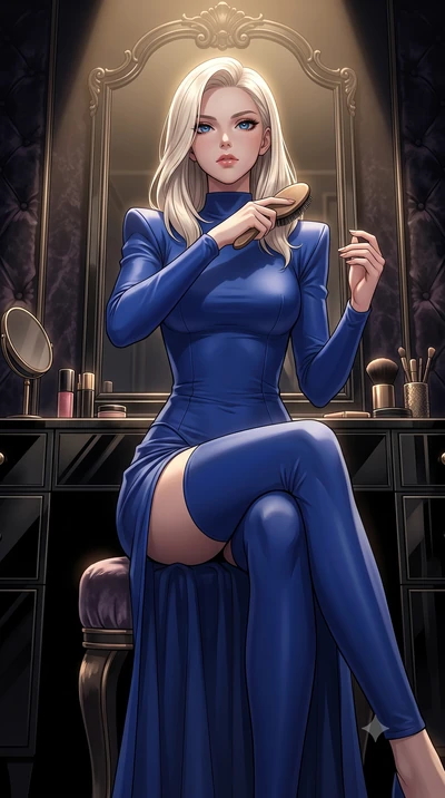 score_9, masterpiece, best quality, ultra-detailed, High-budget Anime Keyframe, Caucasian woman, strictly human ears. Low angle cowboy shot filling the entire 9:16 frame with her statuesque presence. Scenario 413: brushing her hair while seated befor