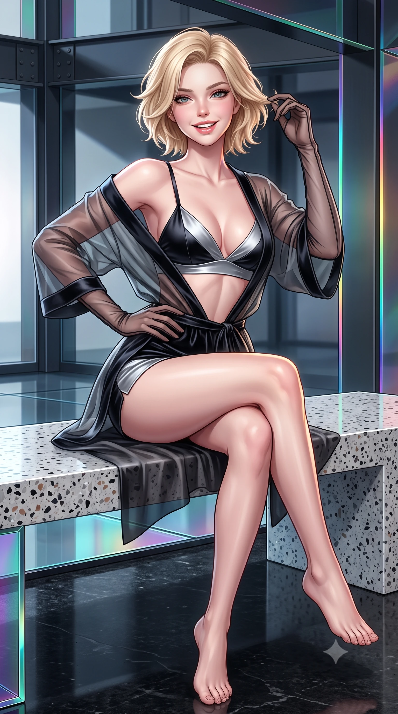score_9, masterpiece, best quality, ultra-detailed, high-budget anime keyframe, editorial fashion photography, tasteful artistic composition, Caucasian woman. close-up cowboy shot from the waist and thighs up, the character dominates the composition, filling the frame with her large presence. twisting her slender torso in an alluring contrapposto stance, one hand resting on her sculpted hip while her fingers toy with her hair with effortless poise while sitting perched gracefully on the polished terrazzo bench with legs crossed, flashing a radiant, playful smile with parted glossy lips. The surrounding environment is rendered in vivid detail and crisp panoramic clarity: sharp steel quasi-brick structural joints, dichroic glass edge bevels, and mirror-polished black concrete floor grain in deep focus. She has an exceptionally elegant, slender, and willowy female figure with an ultra-slim waist, flat toned midriff, narrow ribcage, and sculpted feminine hips creating an alluring, slim hourglass silhouette without bulk. sharp v-shaped jawline, high-bridge nose, intricate jewel-like sparkling eyes with depth, thick eyelashes, glossy parted lips with a natural peach sheen, bright cheerful beaming smile with an enchanting and coquettish sensual glint, exuding both youthful cute charm and seductive allure, flawlessly proportioned anatomical accuracy, strict slender model proportions, natural body alignment, perfectly sculpted long slender limbs, ultra-slim waistline, clean dynamic posture without body distortion. wearing a sheer silk organza modern kimono robe worn loose and slipping off bare shoulders over a matching satin bralette and micro-shorts in Vik black sand obsidian and glacier crystal silver, tailored from ultra-plush silk velvet with rich tactile depth and deep shadow gradients, complemented by sheer opera-length evening gloves tracing her slender arms, the liquid-tight tailored fabric clinging flawlessly to her narrow waist and rounded feminine hips, emphasizing every millimeter of her sculpted slim hourglass curves without any bulky heaviness. illuminated by glass floor reflection bounce and sharp prism-rainbow rim lights defining her razor-sharp jawline, narrow waist, and curvy hips. ultra-reflective glossy finish, specular highlights, rich textural contrasts, high-contrast stereoscopic depth, volumetric dynamic lighting, 2k, ultra detail, master piece, 9:16 ratio