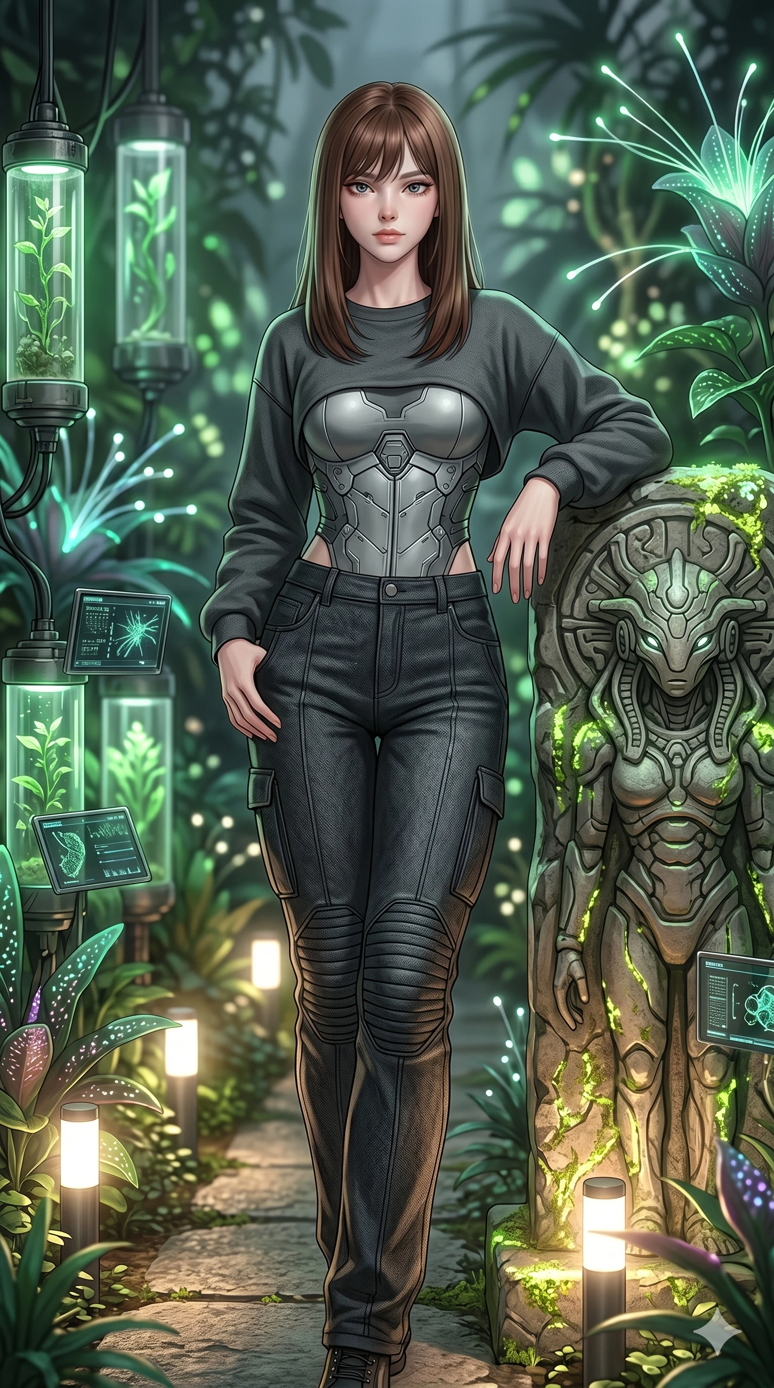 score_9, masterpiece, best quality, ultra-detailed, high-budget anime keyframe, editorial fashion photography, tasteful artistic composition, Korean woman. Upper body close-up from the thighs up, character filling the screen for maximum presence. Standing in a biotech garden pathway next to a stone statue, leaning against the statue, looking towards the camera with a calm expression. She is wearing a casual cropped sweater, structured silver bodice, and dark trousers. The scene is lit by soft white pathway lights and the green glow of ambient plants. 2k, ultra detail, master piece, 9:16 ratio