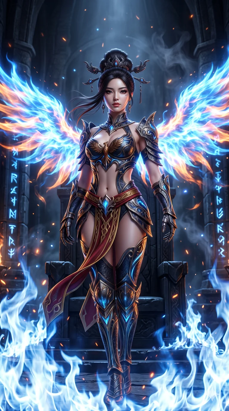 score_9, masterpiece, best quality, ultra-detailed, semi-realistic high-budget 3D game render, an incredibly beautiful Korean woman. Dynamic low angle cowboy shot filling the entire 9:16 frame with her statuesque presence. She is a phoenix empress rising from blue flames in an obsidian throne room. She has an absolutely perfect 8-heads proportion, an exceptionally tall and slender female figure with impossibly long slender legs and an ultra-slim waist. Her face is a highly detailed masterpiece featuring a sharp v-shaped jawline, high-bridge nose, intricate jewel-like eyes, thick eyelashes, and glossy lips. She is wearing a high-cut metallic armor-bikini with glowing energy wings. A dark temple engulfed in swirling embers, radiant glowing light., 2k, ultra detail, master piece, 9:16 ratio