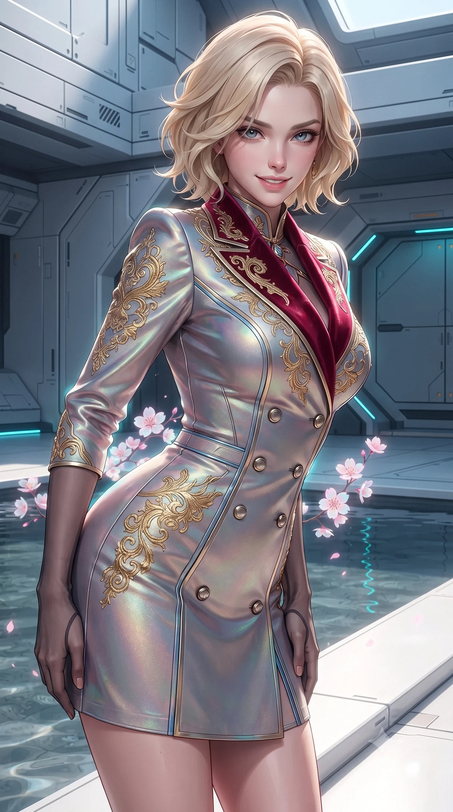 score_9, masterpiece, best quality, ultra-detailed, high-budget anime keyframe, editorial fashion photography, tasteful artistic composition, Caucasian woman. close-up cowboy shot from the waist and thighs up, the character dominates the composition, filling the frame with her large presence. leaning forward while arching her lower back to accentuate her curvy hips, looking into the camera with an intoxicating smoldering gaze and bedroom-eyes while twisting her slender torso in an alluring contrapposto stance beside the shallow reflecting pool, holographic cherry blossoms caressing her narrow waist and curvy hips. The surrounding environment is rendered in vivid detail and crisp panoramic clarity: detailed garment seam lines, metallic cyber-trim, and advanced aerospace architecture in razor-sharp precision. She has an exceptionally elegant, slender, and willowy female figure with an ultra-slim waist, flat toned midriff, narrow ribcage, and sculpted feminine hips creating an alluring, slim hourglass silhouette without bulk. sharp v-shaped jawline, high-bridge nose, intricate jewel-like sparkling eyes with depth, thick eyelashes, glossy parted lips with a natural peach sheen, bright cheerful beaming smile with an enchanting and coquettish sensual glint, exuding both youthful cute charm and seductive allure, flawlessly proportioned anatomical accuracy, strict slender model proportions, natural body alignment, perfectly sculpted long slender limbs, ultra-slim waistline, clean dynamic posture without body distortion. wearing a tailored double-breasted iridescent silk lamé coat dress with metallic button closures in Cyber-Baroque gilded gold and royal crimson velvet, crafted from bespoke double-faced cashmere with an exceptionally soft tactile finish, complemented by sheer opera-length evening gloves tracing her slender arms, the bespoke structured tailoring following the natural line of her 8.5-heads silhouette with refined elegance. illuminated by floor pool reflection bounce and sharp laser-cyan rim lights sculpting her razor-sharp jawline, narrow waist, and curvy hips. ultra-reflective glossy finish, specular highlights, rich textural contrasts, high-contrast stereoscopic depth, volumetric dynamic lighting, 2k, ultra detail, master piece, 9:16 ratio