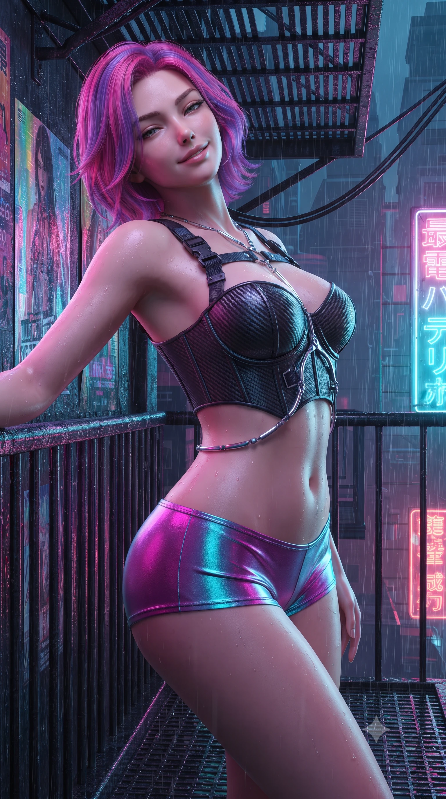 score_9, masterpiece, best quality, ultra-detailed, high-budget anime keyframe, editorial fashion photography, tasteful artistic composition, Caucasian woman. close-up cowboy shot from the waist and thighs up, the character dominates the composition, filling the frame with her large presence. leaning back against the balustrade with relaxed seductive grace, head tilted back slightly while casting a hypnotic, heavy-lidded gaze while standing poised on the rain-slicked fire escape gantry suspended over the 50-story neon canyon of Neo-Shinjuku, arching her lower back with mysterious siren grace as acid rain sizzles on neon signs. The surrounding environment is rendered in vivid detail and crisp panoramic clarity: sharp wet iron grating textures, weathered peeling holographic poster layers, and razor-sharp cable bundle ties in deep focus. She has an exceptionally elegant, slender, and willowy female figure with an ultra-slim waist, flat toned midriff, narrow ribcage, and sculpted feminine hips creating an alluring, slim hourglass silhouette without bulk. sharp v-shaped jawline, high-bridge nose, intricate jewel-like sparkling eyes with depth, thick eyelashes, glossy parted lips with a natural peach sheen, bright cheerful beaming smile with an enchanting and coquettish sensual glint, exuding both youthful cute charm and seductive allure, flawlessly proportioned anatomical accuracy, strict slender model proportions, natural body alignment, perfectly sculpted long slender limbs, ultra-slim waistline, clean dynamic posture without body distortion. wearing a sculpted carbon-fiber underwire crop corset with tactical buckle straps paired with low-rise micro shorts in Shinjuku acid-rain magenta and cyan neon, crafted from stretch micro-mesh with liquid foil coating that shimmers with every movement, accented with a chrome-drop body harness subtly framing her dewy collarbones and spine, the form-contouring silhouette accentuating her sculpted flat midriff, narrow delicate ribcage, and gracefully curvy hips with intoxicating allure. bathed in multi-colored ambient neon reflections from towering holographic advertisements mixed with cool rain reflections. ultra-reflective glossy finish, specular highlights, rich textural contrasts, high-contrast stereoscopic depth, volumetric dynamic lighting, 2k, ultra detail, master piece, 9:16 ratio