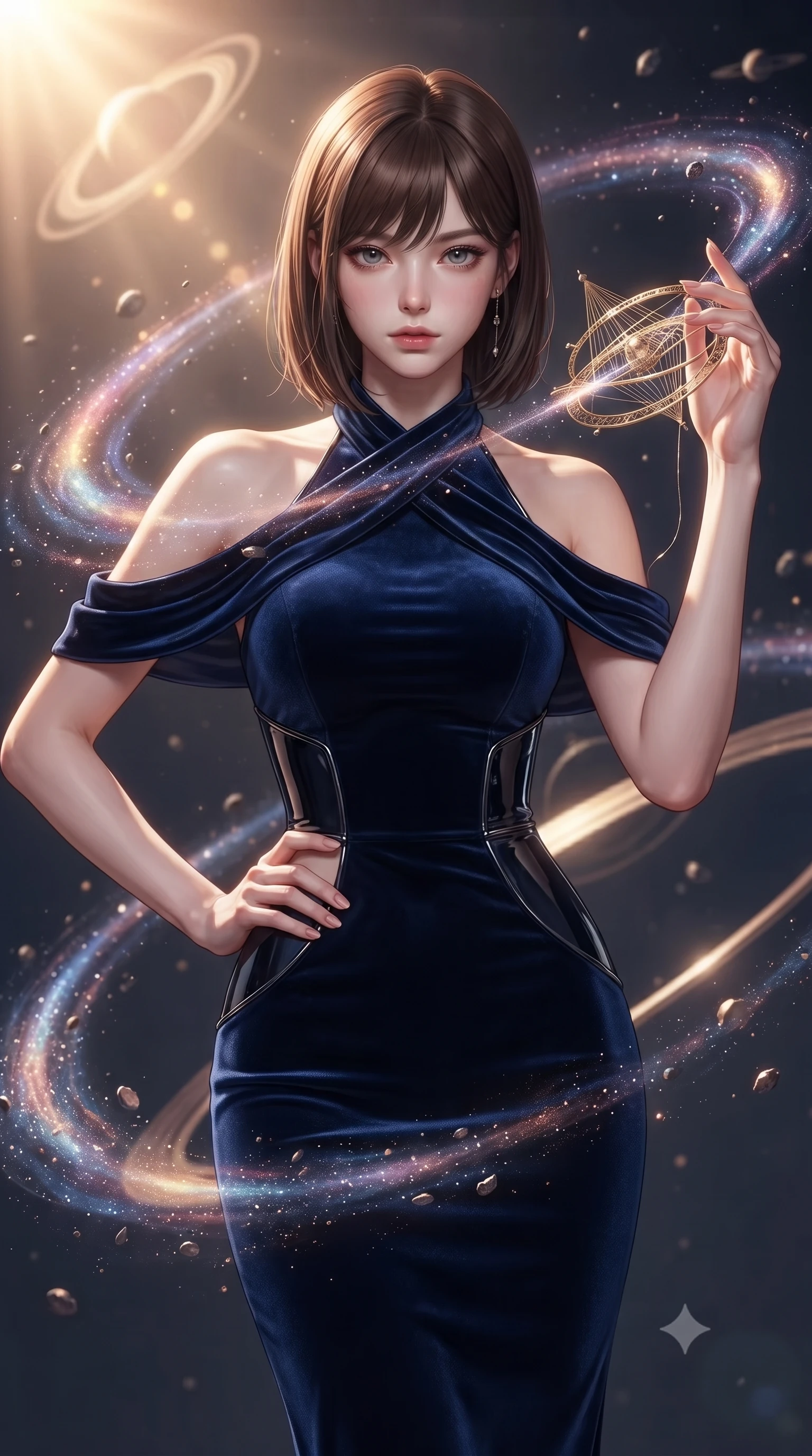 score_9, masterpiece, best quality, ultra-detailed, high-budget anime keyframe, editorial fashion photography, tasteful artistic composition, Korean woman. close-up cowboy shot from the waist and thighs up, the character dominates the composition, filling the frame with her large presence, background elements kept in soft focus. Holding a confident power pose with one hand on her hip, gazing directly into the camera with quiet intensity threading brilliant comet dust through a golden celestial loom, swirling galaxy dust creating luminous arcs in the air. She has an exceptionally elegant, slender, and willowy female figure with an ultra-slim waist, a gracefully sculpted slender torso, and a refined silhouette. sharp v-shaped jawline, high-bridge nose, intricate jewel-like eyes with depth, thick eyelashes, glossy lips with a natural sheen. wearing a velvet halter-neck midi dress following her form like a glove in midnight navy blue and chrome trim, tailored from high-gloss patent leather, featuring clean architectural cutouts along her slender torso, the elegant draped fit framing her graceful clavicle and slender torso. bathed in warm sunbursts filtering through floating orbital rings. ultra-reflective glossy finish, specular highlights, metallic sheen, high-contrast stereoscopic depth, volumetric dynamic lighting, 2k, ultra detail, master piece, 9:16 ratio