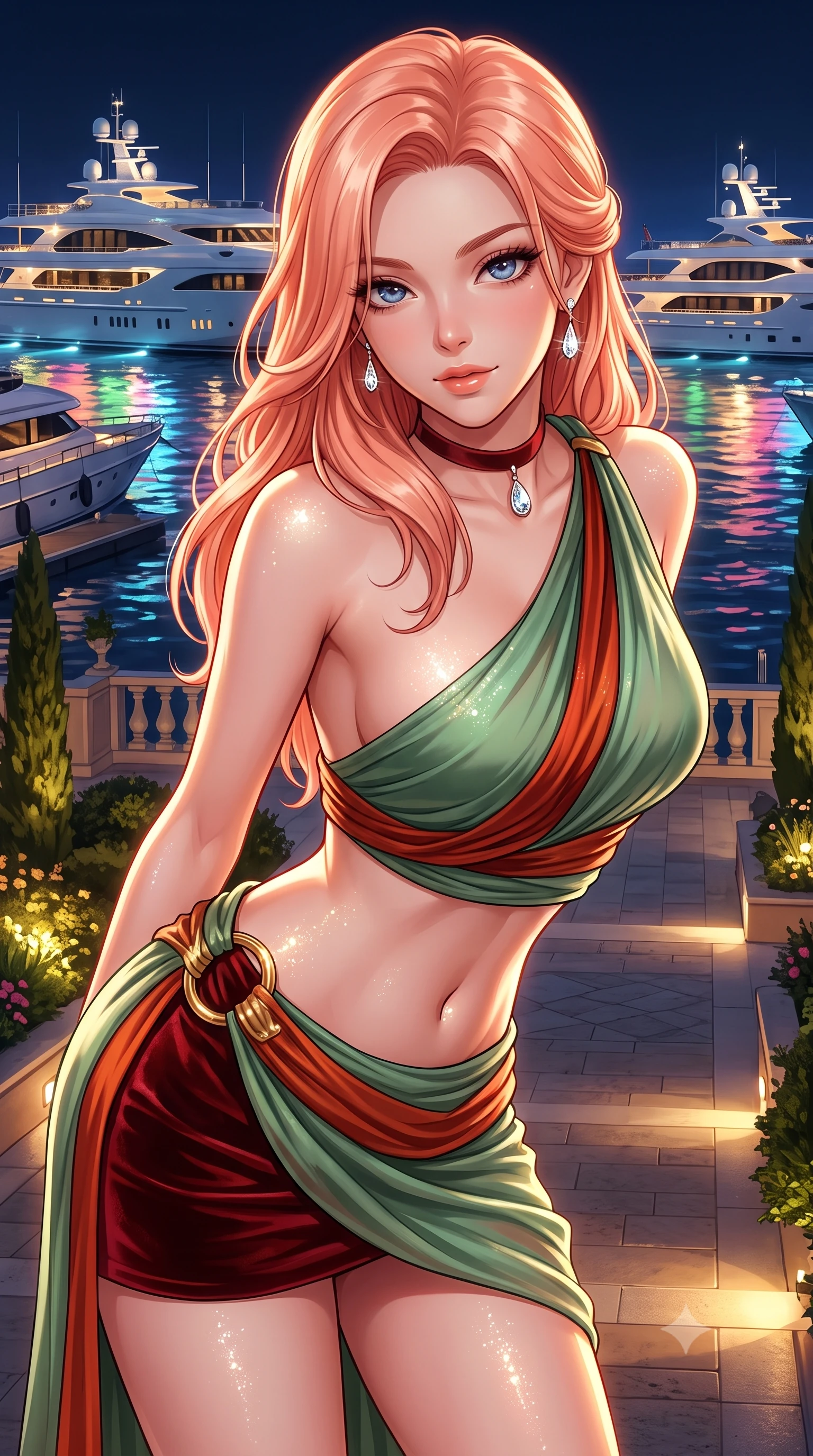 score_9, masterpiece, best quality, ultra-detailed, high-budget anime keyframe, semi-realistic 3D game render, editorial fashion photography, tasteful artistic composition, Japanese woman. close-up cowboy shot from the waist and thighs up, the character dominates the composition, filling the frame with her large presence. leaning forward while arching her lower back to accentuate her curvy hips, looking into the camera with an intoxicating smoldering gaze and bedroom-eyes while twisting her slender torso in an alluring S-curve, glittering mega-yacht lights dancing across her bare shoulders, flat midriff, and curvy hips. The surrounding environment is rendered in vivid detail and crisp panoramic clarity: detailed form-contouring velvet bodycon dress cling, diamond drop earrings sparkle, and Riviera landscape architecture in high resolution. She has an exceptionally elegant, slender, and willowy female figure with an ultra-slim waist, flat toned midriff, narrow ribcage, and sculpted feminine hips creating an alluring, slim hourglass silhouette without bulk. sharp v-shaped jawline, high-bridge nose, sparkling eyes with hypnotic seductive depth, thick curled eyelashes, glossy parted lips with a natural dewy peach sheen, alluring bedroom-eyes with an enchanting coquettish smile, exuding magnetic siren charisma and sophisticated glamour, flawlessly proportioned anatomical accuracy, strict slender model proportions, natural body alignment, perfectly sculpted long slender limbs, ultra-slim waistline, clean dynamic posture without body distortion. wearing a draped Greek-goddess style silk chiffon mini toga dress with an open back and golden hip fibula in Kyoto bamboo jade and lacquer vermilion, tailored from ultra-plush velvet with rich tactile depth and deep shadow gradients, finished with a thin velvet ribbon choker and a single teardrop diamond pendant, the form-contouring silhouette accentuating her sculpted flat midriff, narrow delicate ribcage, and gracefully curvy hips with intoxicating allure. bathed in warm garden landscape uplighting mixed with dynamic multi-color reflections from harbor yachts. highly saturated vibrant anime colors, detailed shading with soft gradients, rich glossy textures, high-contrast stereoscopic depth, volumetric dynamic lighting, master piece, 9:16 ratio