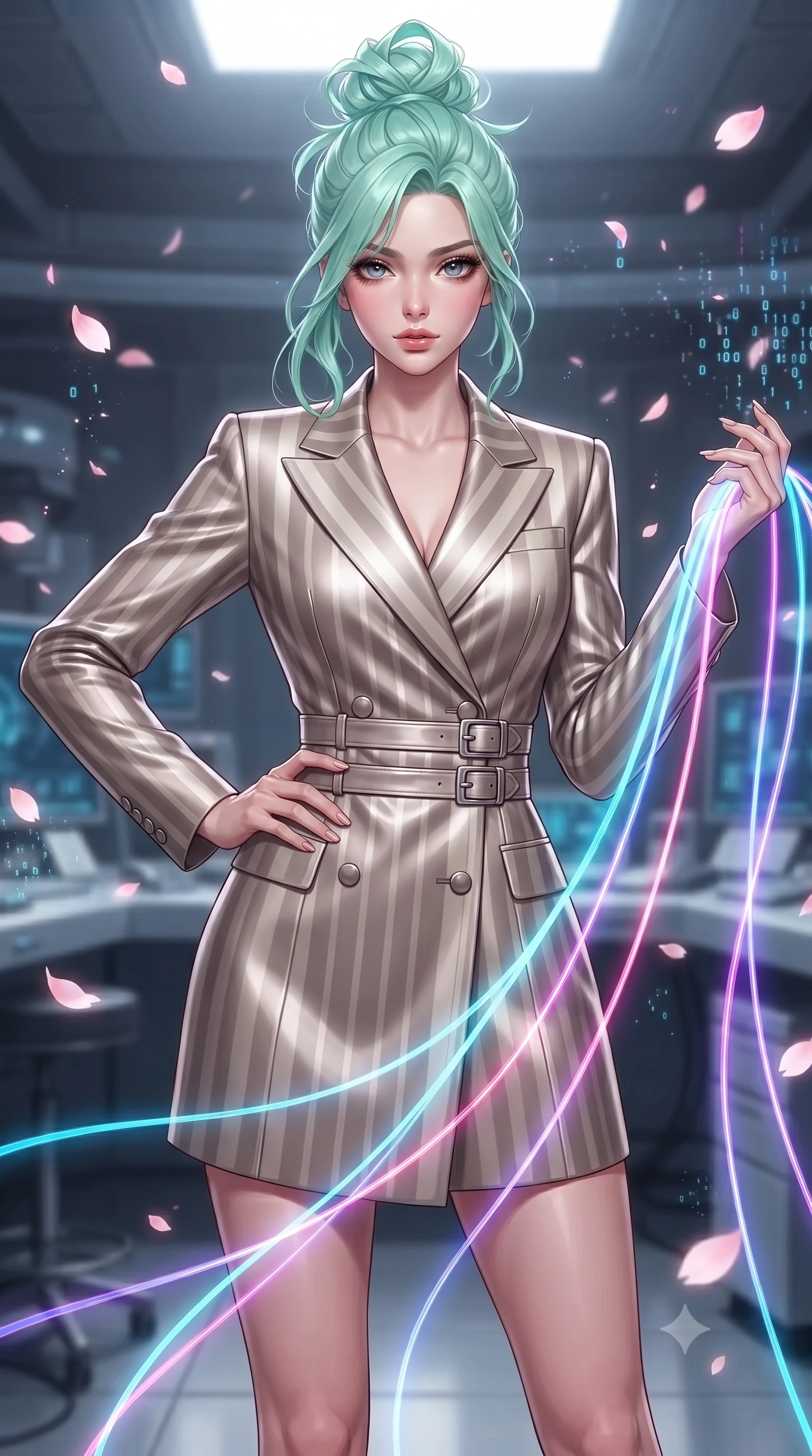 score_9, masterpiece, best quality, ultra-detailed, high-budget anime keyframe, editorial fashion photography, tasteful artistic composition, Japanese woman. close-up cowboy shot from the waist and thighs up, the character dominates the composition, filling the frame with her large presence, background elements kept in soft focus. Holding a confident power pose with one hand on her hip, gazing directly into the camera with quiet intensity threading neon fiber-optic ribbons in a futuristic laboratory room, floating digital sakura petals flickering into binary code sparks. She has an exceptionally elegant, slender, and willowy female figure with an ultra-slim waist, a gracefully sculpted slender torso, and a refined silhouette. sharp v-shaped jawline, high-bridge nose, intricate jewel-like eyes with depth, thick eyelashes, glossy lips with a natural sheen. wearing a double-breasted blazer dress with metallic pin-stripes in muted taupe and soft ivory, crafted from smooth liquid silk, detailed with polished silver buckles along the waistline, the glove-like fit emphasizing her statuesque silhouette. lit by bright volumetric laser beams and soft specular highlights. ultra-reflective glossy finish, specular highlights, metallic sheen, high-contrast stereoscopic depth, volumetric dynamic lighting, 2k, ultra detail, master piece, 9:16 ratio