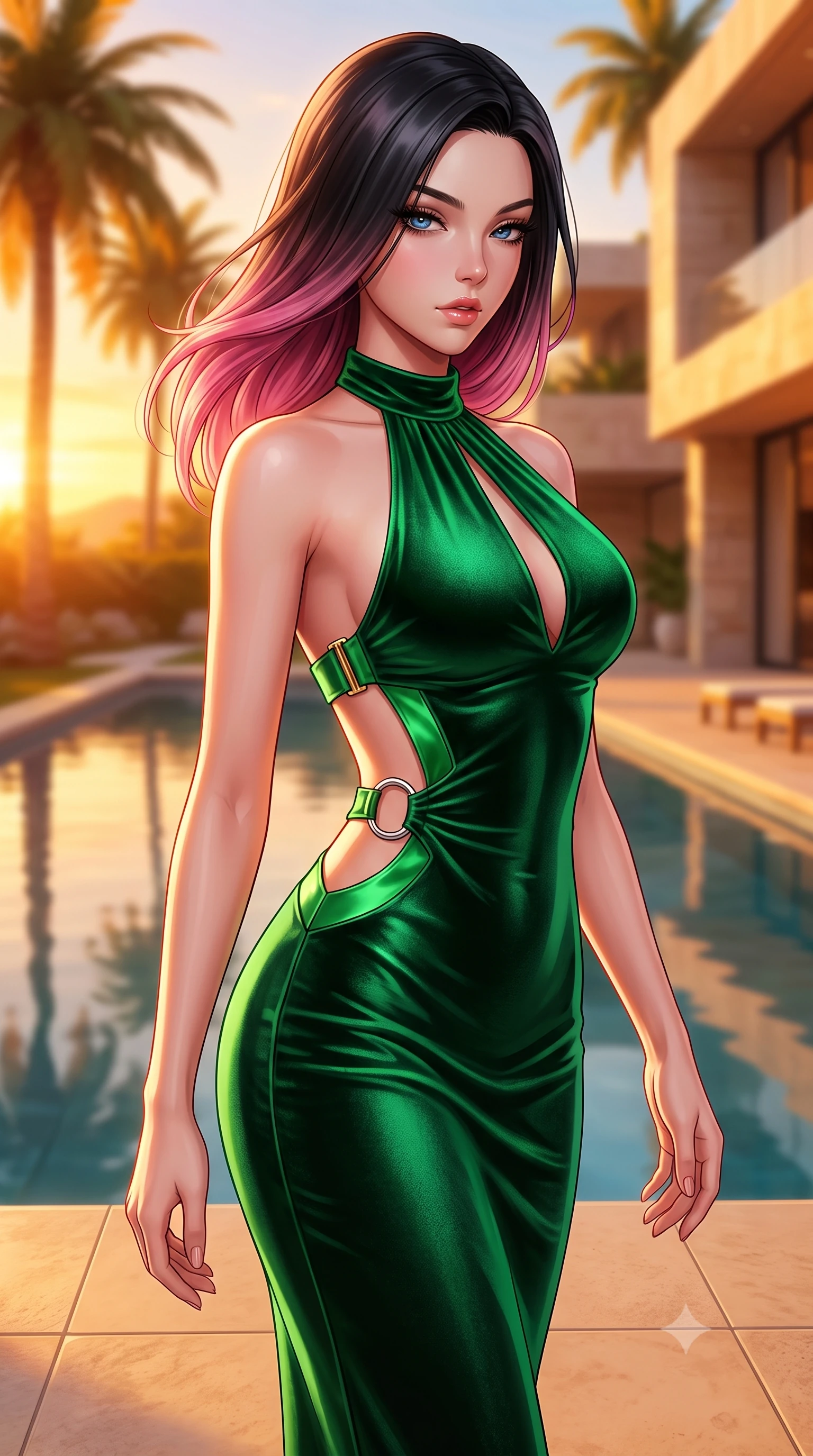 score_9, masterpiece, best quality, ultra-detailed, high-budget anime keyframe, semi-realistic 3D game render, editorial fashion photography, tasteful artistic composition, Korean woman. close-up cowboy shot from the waist and thighs up, the character dominates the composition, filling the frame with her large presence. casting a slow, smoldering gaze beneath heavy lashes with parted glossy lips, her head slightly tilted in captivating self-assurance while pivoting gracefully on warm limestone terrace tiles as golden sunset rays paint the palm trees in rich amber. The composition keeps background elements in soft focus with creamy bokeh. modern limestone villa facades and reflecting pool waters softened in dreamy shallow focus. She has an exceptionally elegant, slender, and willowy female figure with an ultra-slim waist, a gracefully sculpted slender torso, toned flat midriff, and a refined slim silhouette. sharp v-shaped jawline, high-bridge nose, intricate jewel-like eyes with depth, thick eyelashes, glossy lips with a natural sheen, flawlessly proportioned anatomical accuracy, strict slender model proportions, natural body alignment, perfectly sculpted long slender limbs, ultra-slim waistline, clean dynamic posture without body distortion. wearing a velvet halter-neck midi dress fitting her statuesque contour flawlessly with a Tasteful chest slit and open spine in bright emerald green satin and gold hardware, made of liquid metal jersey that clings flawlessly to every contour of her build, detailed with polished silver rings connecting the daring side-waist cutouts, the glove-like aerodynamic second-skin fit tightly clinging to her ultra-slender waist and athletic curves without adding bulk, accentuating her razor-sharp statuesque lines and slim hourglass silhouette. bathed in blazing golden hour sunset radiance and warm amber horizon fill light. highly saturated vibrant anime colors, detailed shading with soft gradients, rich glossy textures, high-contrast stereoscopic depth, volumetric dynamic lighting, master piece, 9:16 ratio