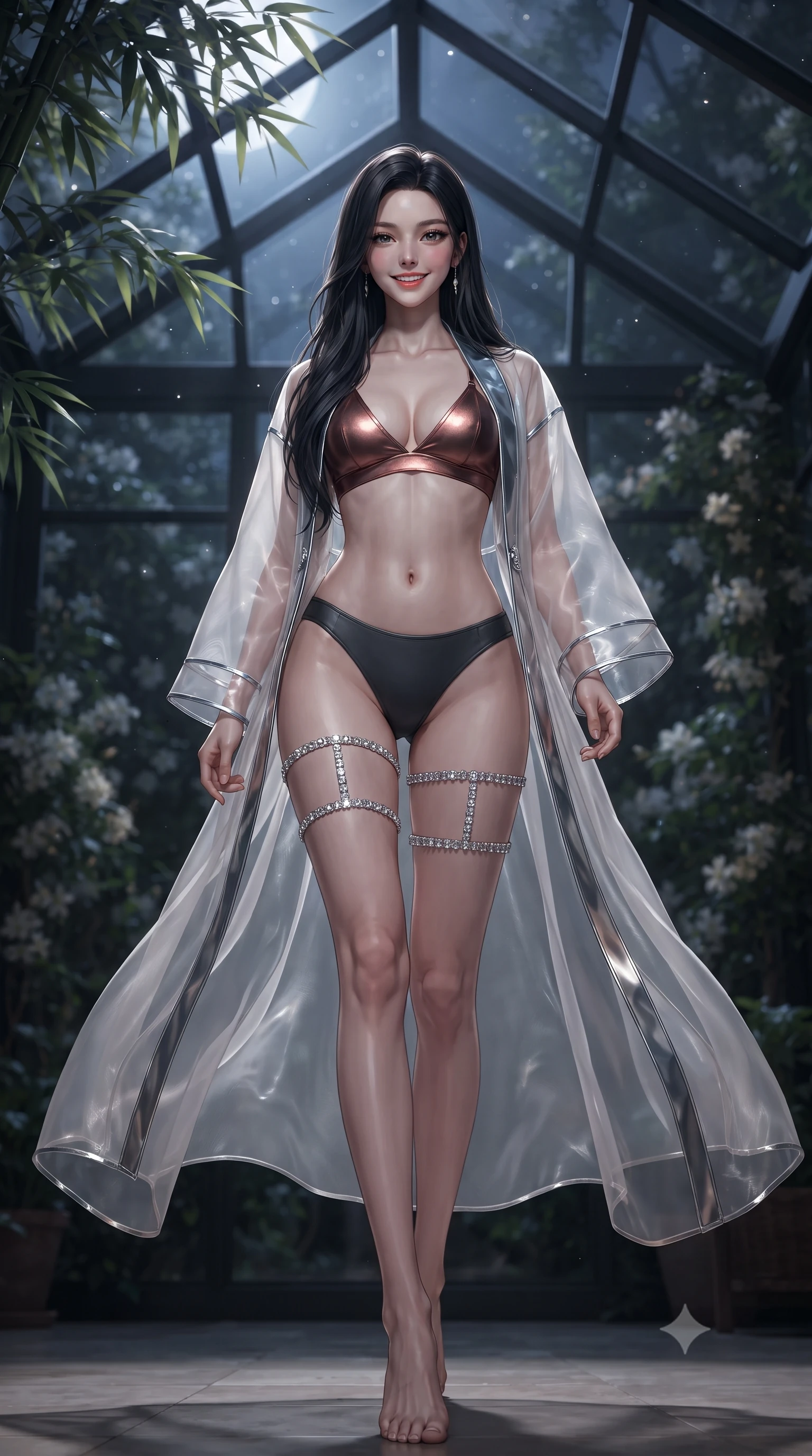 score_9, masterpiece, best quality, ultra-detailed, high-budget anime keyframe, editorial fashion photography, tasteful artistic composition, Korean woman. low angle full-body shot from head to toe showing her feet, filling the entire 9:16 vertical frame with her statuesque presence, stretching her vertical silhouette. stepping slowly toward the camera with hypnotic grace, hips swaying in an alluring sensual rhythm that accentuates her curvy hourglass silhouette and long slender legs while standing poised beneath the pitched glass roof of the private conservatory, arching her lower back as moonbeams dance through bamboo fronds. The background shows a soft-focus climbing night-blooming jasmine vines softened in secluded heritage conservatory shallow focus. She has an exceptionally tall and slender model-like 8.5-heads proportion, an ultra-slim waist, a flat toned midriff, narrow delicate ribcage, and beautifully sculpted feminine hips creating a graceful, slim hourglass silhouette without any bulky heaviness, with impossibly long slender legs. sharp v-shaped jawline, high-bridge nose, intricate jewel-like sparkling eyes with depth, thick eyelashes, glossy parted lips with a natural peach sheen, bright cheerful beaming smile with an enchanting and coquettish sensual glint, exuding both youthful cute charm and seductive allure, flawlessly proportioned anatomical accuracy, strict slender model proportions, natural body alignment, perfectly sculpted long slender limbs, ultra-slim waistline, clean dynamic posture without body distortion. wearing a delicate sheer organza futuristic caftan with metallic chrome accents worn open over a micro liquid-metal bralette in sultry copper rose and deep shadow charcoal, woven from buttery-soft stretch lambskin leather adhering to her body like a second skin, finished with delicate crystal-encrusted thigh garter straps glinting in the dim light, the liquid-tight tailored fabric clinging flawlessly to her narrow waist and rounded feminine hips, emphasizing every millimeter of her sculpted slim hourglass curves without any bulky heaviness. illuminated by conservatory glass bounce and sharp champagne-gold rim lights sculpting her features, flat midriff, and slender waist. ultra-reflective glossy finish, specular highlights, rich textural contrasts, high-contrast stereoscopic depth, volumetric dynamic lighting, 2k, ultra detail, master piece, 9:16 ratio