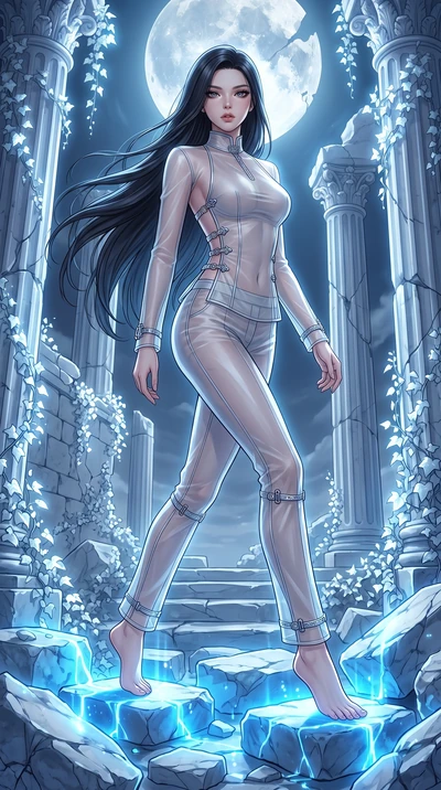 score_9, masterpiece, best quality, ultra-detailed, High-budget Anime Keyframe, East Asian woman. Dynamic full-body shot stretching the vertical silhouette to the limit. Scenario 350: stepping across glowing azure stones in a moonlit ancient temple w