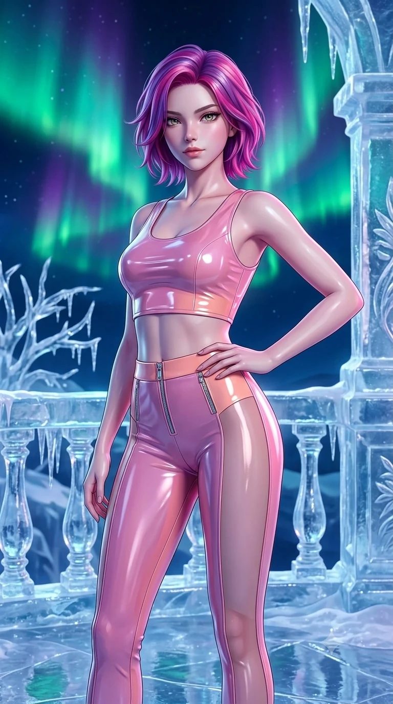 score_9, masterpiece, best quality, ultra-detailed, high-budget anime keyframe, semi-realistic 3D game render, editorial fashion photography, tasteful artistic composition, Caucasian woman. close-up cowboy shot from the waist and thighs up, the character dominates the composition, filling the frame with her large presence. twisting her slender torso in an alluring contrapposto stance, one hand resting on her sculpted hip while her fingers toy with her hair with effortless poise while standing poised on the ice-carved opera balcony cantilevered high under a soaring polar aurora sky, arching her spine with breathtaking anime heroine allure as silver specular highlights glitter around her. The background shows a soft-focus rippling emerald and violet southern aurora curtains across the night sky, distant snow-capped glacial spires, and crystal balustrades blurred into jade, amethyst, and diamond bokeh. She has an exceptionally elegant, slender, and willowy female figure with an ultra-slim waist, flat toned midriff, narrow ribcage, and sculpted feminine hips creating an alluring, slim hourglass silhouette without bulk. sharp v-shaped jawline, high-bridge nose, intricate jewel-like sparkling eyes with depth, thick eyelashes, glossy parted lips with a natural peach sheen, bright cheerful beaming smile with an enchanting and coquettish sensual glint, exuding both youthful cute charm and seductive allure, flawlessly proportioned anatomical accuracy, strict slender model proportions, natural body alignment, perfectly sculpted long slender limbs, ultra-slim waistline, clean dynamic posture without body distortion. wearing a glossy vinyl crop top and high-waist tailored leggings with sleek chrome zippers and exposed midriff in Solaris liquid rose-quartz and alien peach, featuring strategic sheer-illusion tulle side panels framing her ribcage and hips, finished with a minimalist chrome choker and a single teardrop diamond pendant, the form-contouring silhouette accentuating her sculpted flat midriff, narrow delicate ribcage, and gracefully curvy hips with intoxicating allure. bathed in the natural undulating luminescence of polar auroras mixed with cool opera stage uplighting. highly saturated vibrant anime colors, detailed shading with soft gradients, rich glossy textures, high-contrast stereoscopic depth, volumetric dynamic lighting, master piece, 9:16 ratio