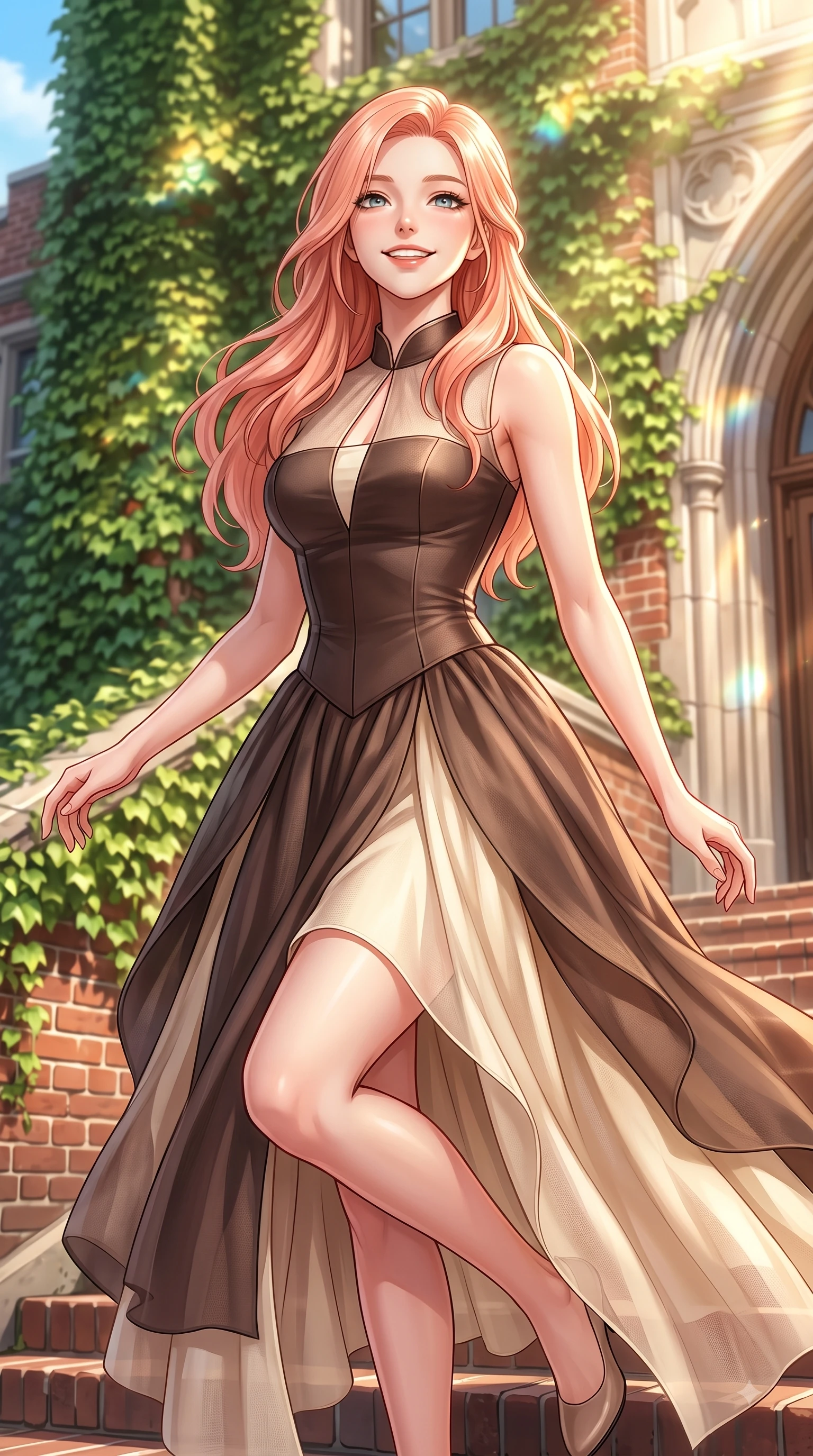 score_9, masterpiece, best quality, ultra-detailed, high-budget anime keyframe, editorial fashion photography, tasteful artistic composition, Japanese woman. close-up cowboy shot from the waist and thighs up, the character dominates the composition, filling the frame with her large presence, background elements kept in soft focus. Tilting her chin up with a sweet beaming smile of pure delight while balancing dynamically amidst the scene while pivoting dynamically on the steps of a red-brick ivy-covered university hall with a bright smile, red-brick Gothic university architecture covered in green ivy reflecting warm sunbeams. She has an exceptionally elegant, slender, and willowy female figure with an ultra-slim waist, a gracefully sculpted slender torso, and a refined silhouette. sharp v-shaped jawline, high-bridge nose, intricate jewel-like eyes with depth, thick eyelashes, glossy lips with a natural sheen, flawlessly proportioned anatomical accuracy, natural body alignment, perfectly sculpted elegant limbs, clean dynamic posture without body distortion. wearing a modern fusion silk hanbok dress with a structured bodice and flowing skirt in espresso brown and warm cream, woven from fine semi-opaque sheer organza, accented with a Tasteful chest slit framing her clavicle gracefully, the tailored fabric tightly following every curve of her athletic build. illuminated by warm golden sunbursts and bright clear sky refractions. highly saturated vibrant anime colors, detailed shading with soft gradients, rich glossy textures, high-contrast stereoscopic depth, volumetric dynamic lighting, master piece, 9:16 ratio