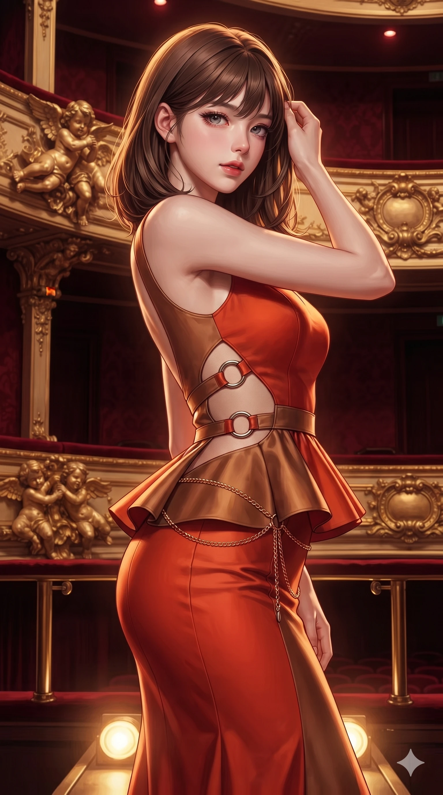 score_9, masterpiece, best quality, ultra-detailed, high-budget anime keyframe, editorial fashion photography, tasteful artistic composition, Korean woman. close-up cowboy shot from the waist and thighs up, the character dominates the composition, filling the frame with her large presence. gently brushing a lock of hair behind her ear while casting a playful, flirtatious side-gaze with long eyelashes while twisting her slender torso in an alluring S-curve, glowing stage footlights from below tracing her flat midriff and hourglass curves. The surrounding environment is rendered in vivid detail and crisp panoramic clarity: sharp carved rococo gold-leaf cherubs, heavy velvet weave texture, and polished brass railing brackets in deep focus. She has an exceptionally elegant, slender, and willowy female figure with an ultra-slim waist, flat toned midriff, narrow ribcage, and sculpted feminine hips creating an alluring, slim hourglass silhouette without bulk. sharp v-shaped jawline, high-bridge nose, intricate jewel-like sparkling eyes with depth, thick eyelashes, glossy parted lips with a natural sheen, intensely captivating and seductive bedroom-eyes expression, exuding both youthful cute charm and sovereign luxury allure, flawlessly proportioned anatomical accuracy, strict slender model proportions, natural body alignment, perfectly sculpted long slender limbs, ultra-slim waistline, clean dynamic posture without body distortion. wearing a structural geometric peplum gown with sheer side-ribbon cutouts and form-fitting skirt in imperial vermilion silk and warm bronze, adorned with delicate chrome ring hardware and cutouts along her slender waist, accented with a delicate gold chain belt resting loosely on her curvy hips, the precision-cut side openings and low-back scoop framing her graceful spine and the sensual sweep of her slim, toned hips. bathed in the theatrical, dramatic contrast of warm golden stage footlights from below and dim ambient crimson box lighting. ultra-reflective glossy finish, specular highlights, rich textural contrasts, high-contrast stereoscopic depth, volumetric dynamic lighting, 2k, ultra detail, master piece, 9:16 ratio
