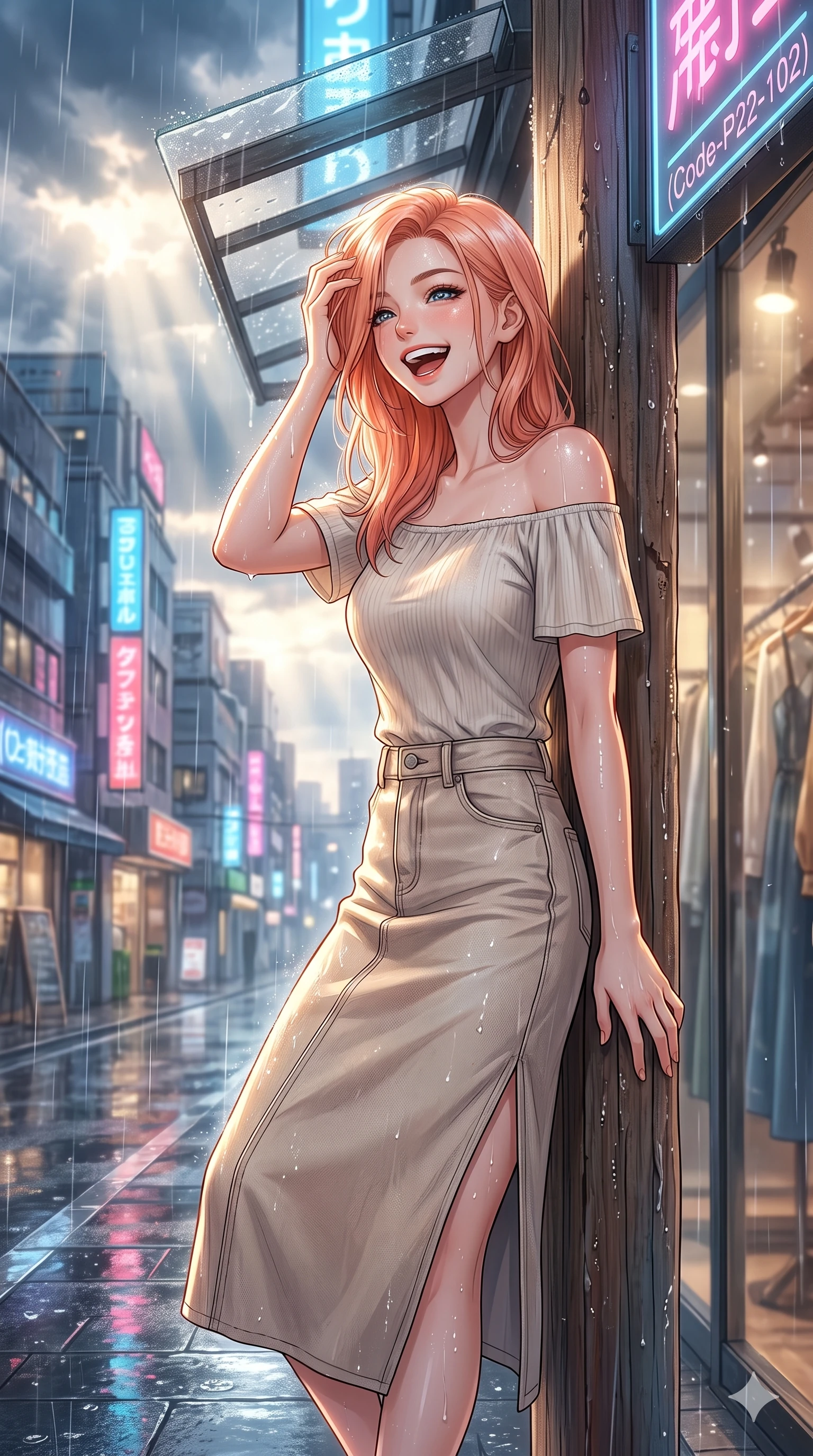 score_9, masterpiece, best quality, ultra-detailed, high-budget anime keyframe, vibrant anime aesthetic, Japanese woman. close-up cowboy shot from the waist and thighs up, the character dominates the composition, filling the frame with her large presence, background elements kept in soft focus. She is laughing happily while running her fingers through her hair in the rain, with her eyes bright and full of life leaning against a rustic wooden column. the background shows a soft-focus entrance of a high-fashion boutique with a glass awning, overlooking rain-slicked city streets reflecting neon signs (Code-P22-102). She has an absolutely perfect proportion, an exceptionally elegant and slender female figure with an ultra-slim waist. V-shaped jawline, high-bridge nose, intricate jewel-like eyes with depth, thick eyelashes, glossy lips with a natural sheen. wearing an off-shoulder oversized sweater paired with a refined side vent denim skirt in soft beige. She is bathed in volumetric morning sunbeams piercing through rain clouds, accentuating her slender silhouette during the twilight rain. 2k, ultra detail, master piece, 9:16 ratio