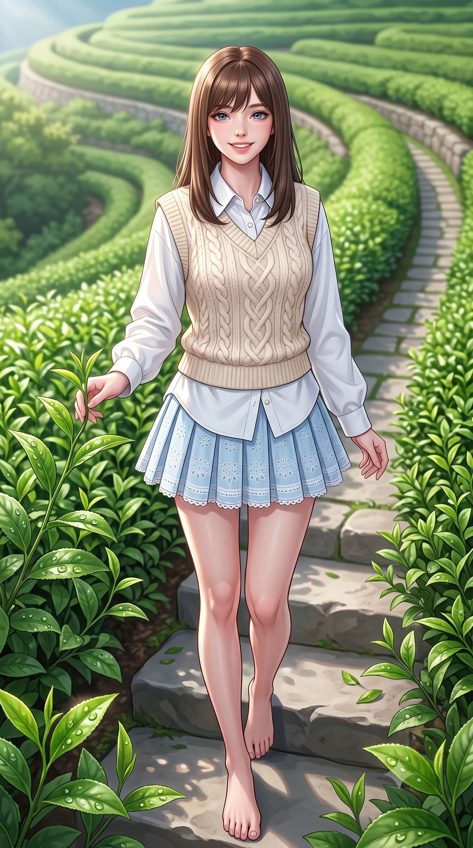 score_9, masterpiece, best quality, ultra-detailed, high-budget anime keyframe, semi-realistic 3D game render, editorial fashion photography, tasteful artistic composition, Korean woman. low angle full-body shot from head to toe showing her feet, filling the entire 9:16 vertical frame with her statuesque presence, stretching her vertical silhouette. pivoting dynamically with a fresh infectious smile, her ultra-slim waist and long slender legs creating a fluid graceful line while gently touching tender fresh green tea shoots with a bright, refreshed morning smile into the camera. The surrounding environment is rendered in vivid detail and crisp panoramic clarity. glistening morning dewdrops on fresh tea leaves, neat curving terrace contours, and stone steps in sharp focus. She has an absolutely perfect, statuesque 8.5-heads proportion, an exceptionally tall and slender model-like female figure with impossibly long slender legs, a toned flat midriff, and an ultra-slim waist. sharp v-shaped jawline, high-bridge nose, intricate jewel-like eyes with depth, thick eyelashes, glossy lips with a natural sheen, pure and lovely fresh girlhood expression, flawlessly proportioned anatomical accuracy, strict slender model proportions, natural body alignment, perfectly sculpted long slender limbs, ultra-slim waistline, clean dynamic posture without body distortion. wearing a cozy cable-knit sweater vest layered over an oversized crisp white shirt and a pleated tennis skirt in gentle baby blue and cloud white, woven with delicate eyelet lace and breathable cotton voile, finished with delicate scallop trims and tiny pearl buttons, the relaxed yet flattering fit accentuating her naturally graceful and slender figure, highlighting her youthful charm and lovely silhouette. surrounded by a peaceful, pristine, and deeply refreshing morning goddess aura. highly saturated vibrant anime colors, detailed shading with soft gradients, rich glossy textures, high-contrast stereoscopic depth, volumetric dynamic lighting, master piece, 9:16 ratio