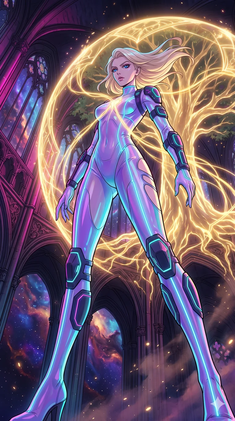 score_9, masterpiece, best quality, ultra-detailed, High-budget Anime Keyframe, vibrant colors, fluid line-art, expressive lighting, cinematic composition, Ufotable-style visual effects, top-tier animation quality, Caucasian woman with pale skin, blonde hair, and (strictly human ears). Wide-angle low shot emphasizing her impossibly long slender legs and commanding stature. Protecting a sacred world-tree with her own life-force, a golden shield expanding from her heart to cover the forest. She has an absolutely perfect 8-heads proportion, an exceptionally tall and slender female figure with impossibly long slender legs and an ultra-slim waist, her statuesque height and towering silhouette dominating the vertical 9:16 frame. Her face is a masterpiece featuring a sharp v-shaped jawline, high-bridge nose, intricate jewel-like eyes with depth, thick eyelashes, and glossy lips with a natural sheen. She is wearing a Iridescent sheer catsuit with glowing lines that pulse in sync with her heartbeat crafted from Iridescent vinyl with a futuristic sheen that shifts between violet and cyan, with integrated neon-lit tactical gear and suggestive cutouts on the thighs. The scene is set in a majestic gothic cathedral in deep space with massive windows overlooking a swirling nebula, illuminated by harsh neon light and deep shadows creating a high-contrast noir aesthetic. 2k, ultra detail, master piece, 9:16 ratio