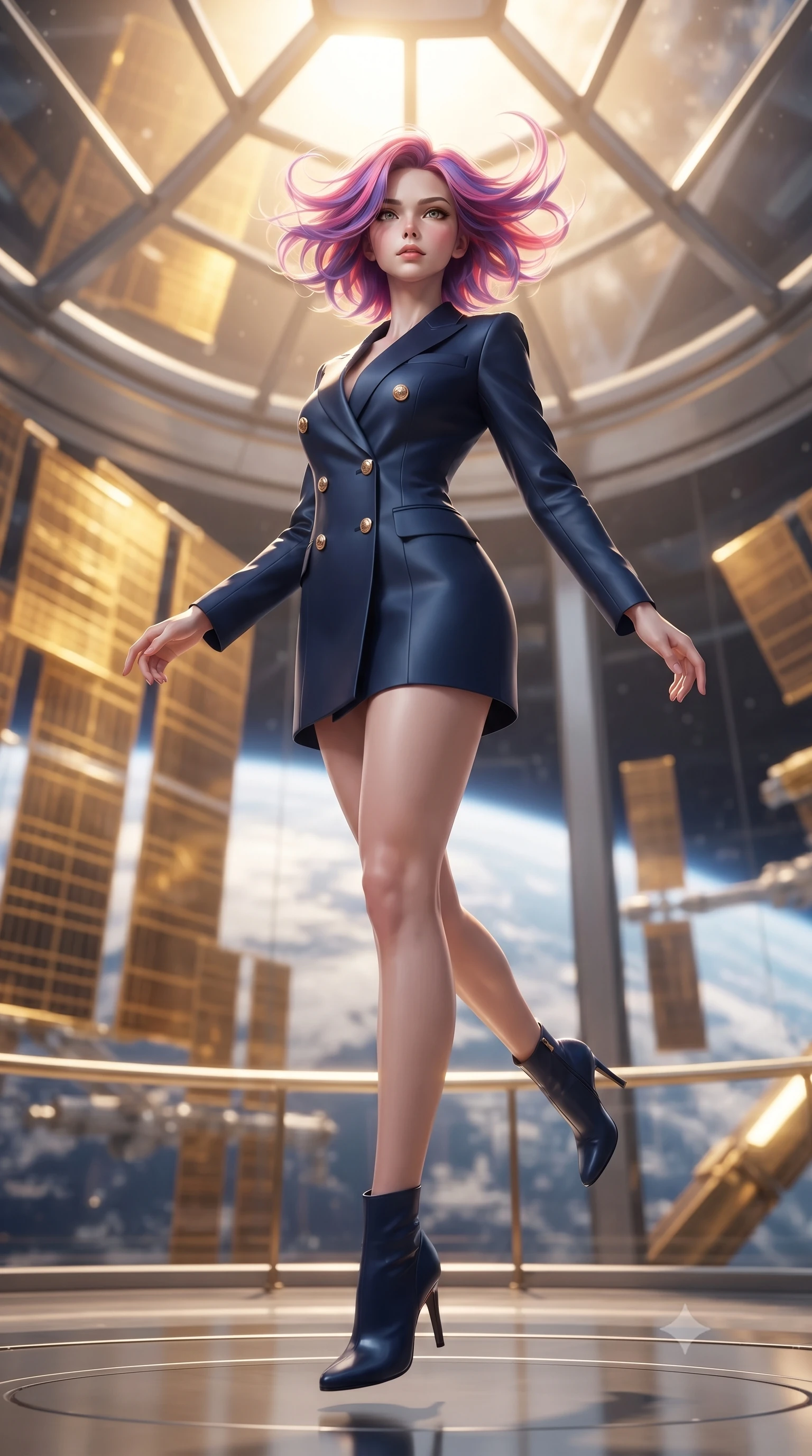 score_9, masterpiece, best quality, ultra-detailed, high-budget anime keyframe, editorial fashion photography, tasteful artistic composition, Caucasian woman woman. low angle full-body shot from head to toe showing her feet, filling the entire 9:16 vertical frame with her statuesque presence, stretching her vertical silhouette. She has an absolutely perfect, statuesque 8.5-heads proportion, an exceptionally tall and slender model-like female figure with impossibly long slender legs and an ultra-slim waist. leaping inside the glowing space with athletic poise, her hair swirling in a dynamic wind vortex, flawlessly proportioned anatomical accuracy, natural body alignment, perfectly sculpted elegant limbs, clean dynamic posture without body distortion. set against a soft-focus background of an orbital solarium deck with giant gold solar panels overlooking Earth. wearing a sophisticated navy double-breasted blazer dress with gold button accents. bathed in intense golden hour solar light slicing through glass ceiling panels. ultra-reflective glossy finish, specular highlights, metallic sheen, high-contrast stereoscopic depth, volumetric dynamic lighting, 2k, ultra detail, master piece, 9:16 ratio